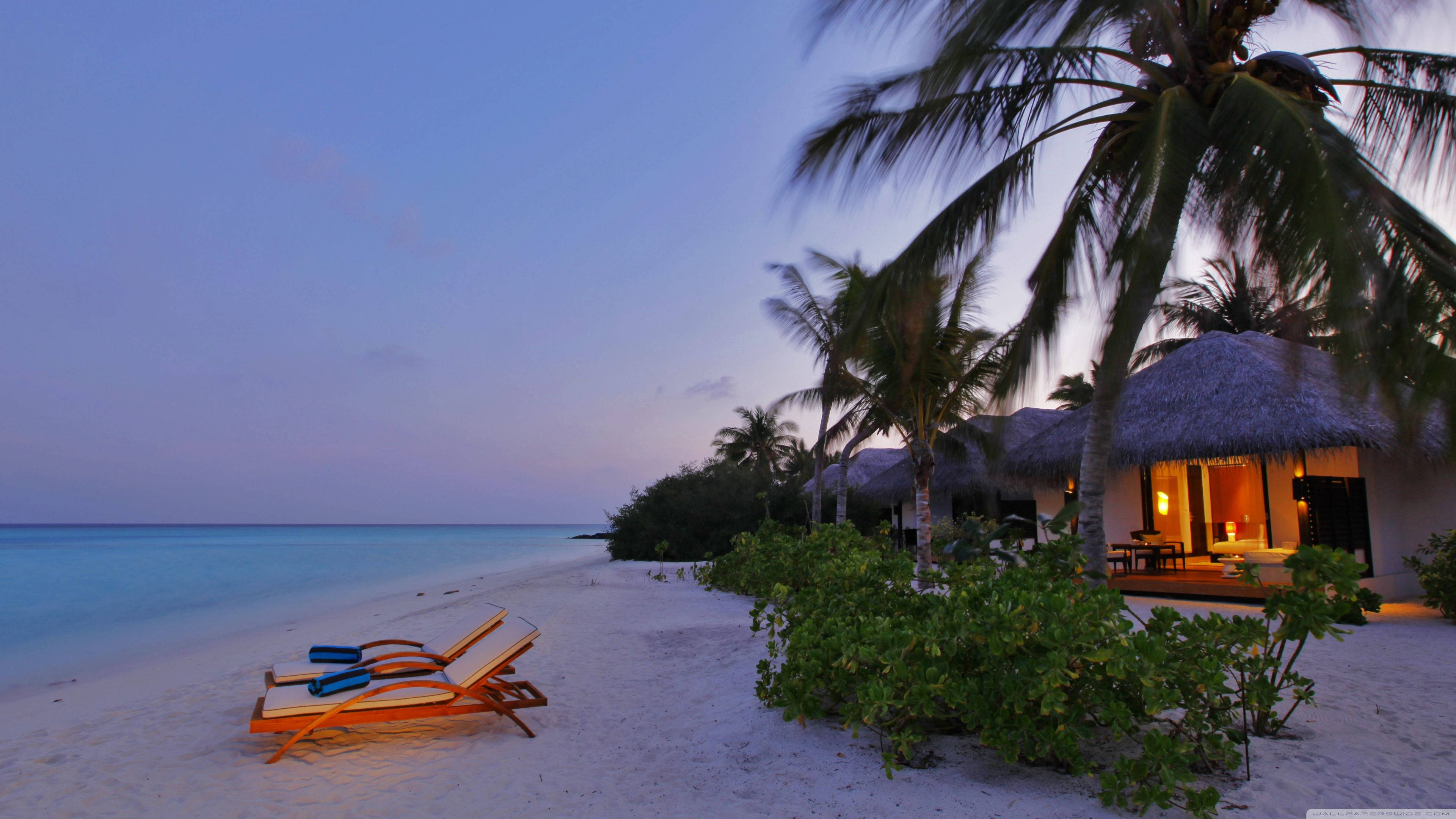 Nighttime Beach Scenes Desktop, white sandy beach, twilight, 4K Desktop Wallpaper