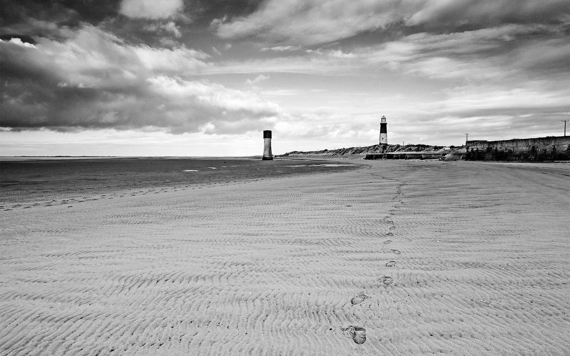 lighthouse, footprints, beach scene, Full HD Desktop Wallpaper
