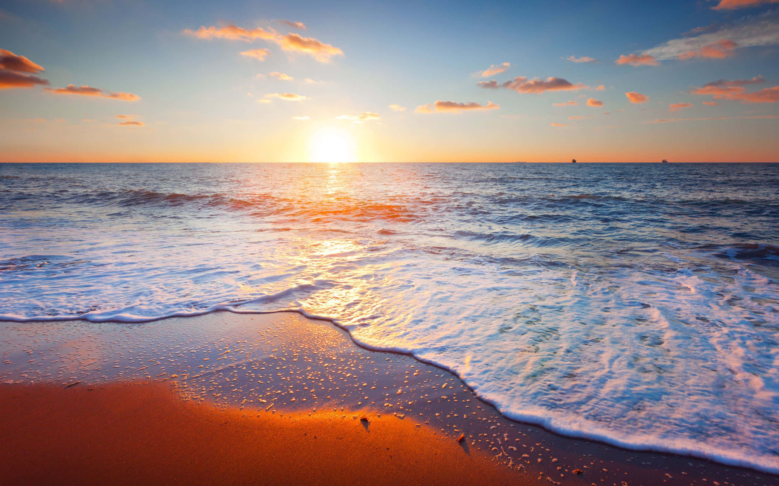 Sunset, ocean, sandy shore, 2K Desktop Wallpaper
