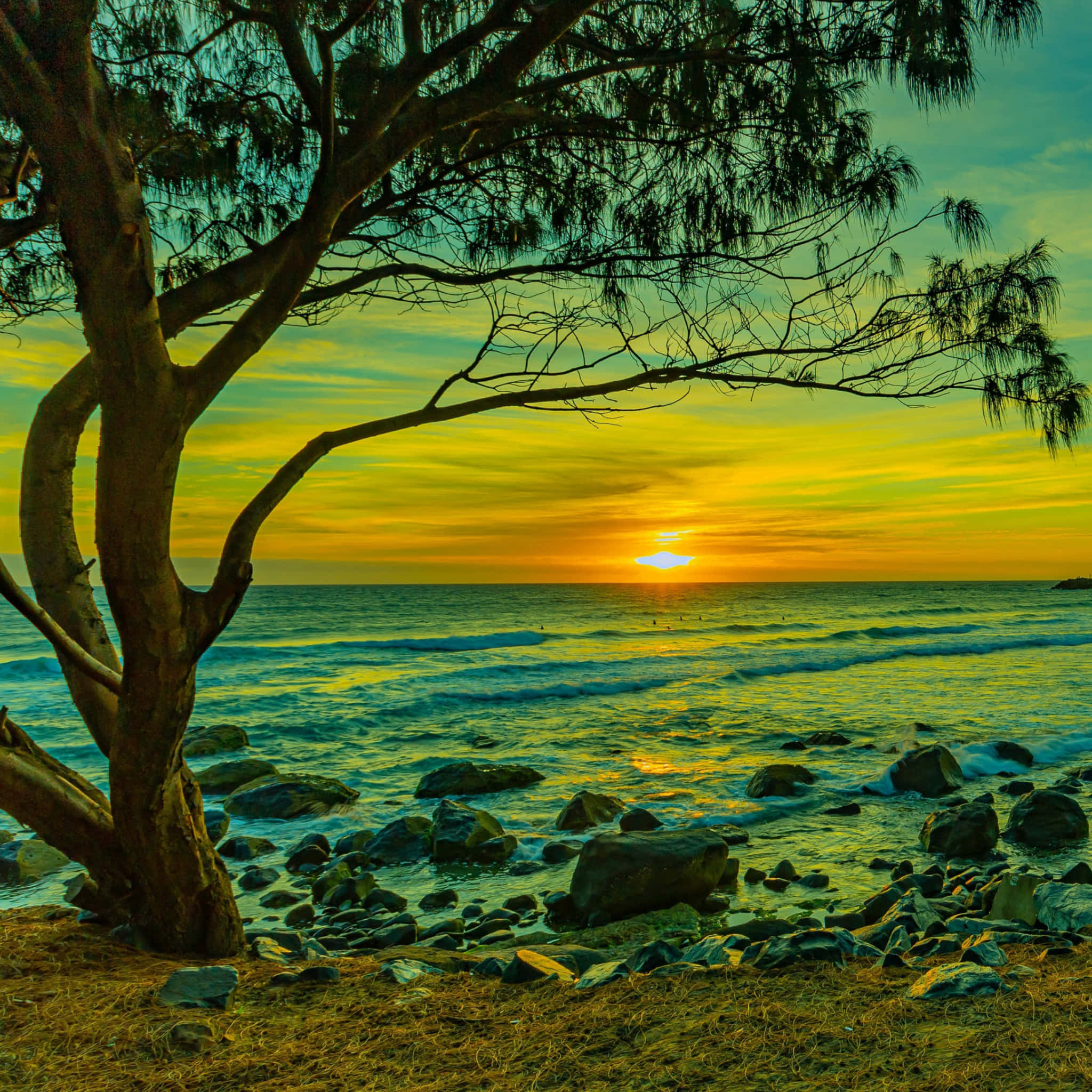 Beach Sky, sunset, rocky shoreline, Full HD Desktop Wallpaper