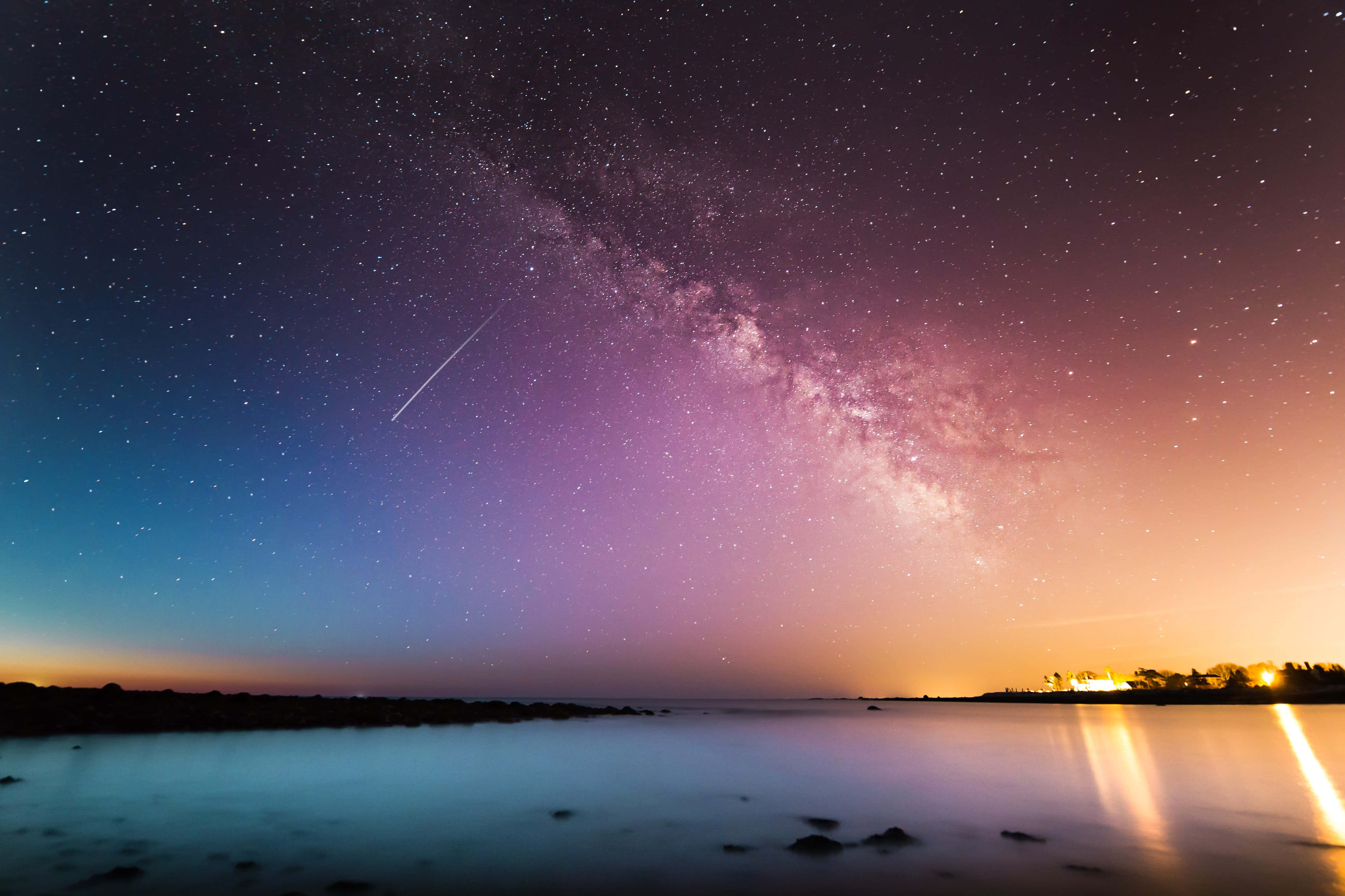 starry night sky, vibrant Milky Way, calm water surface, 5K Desktop Wallpaper