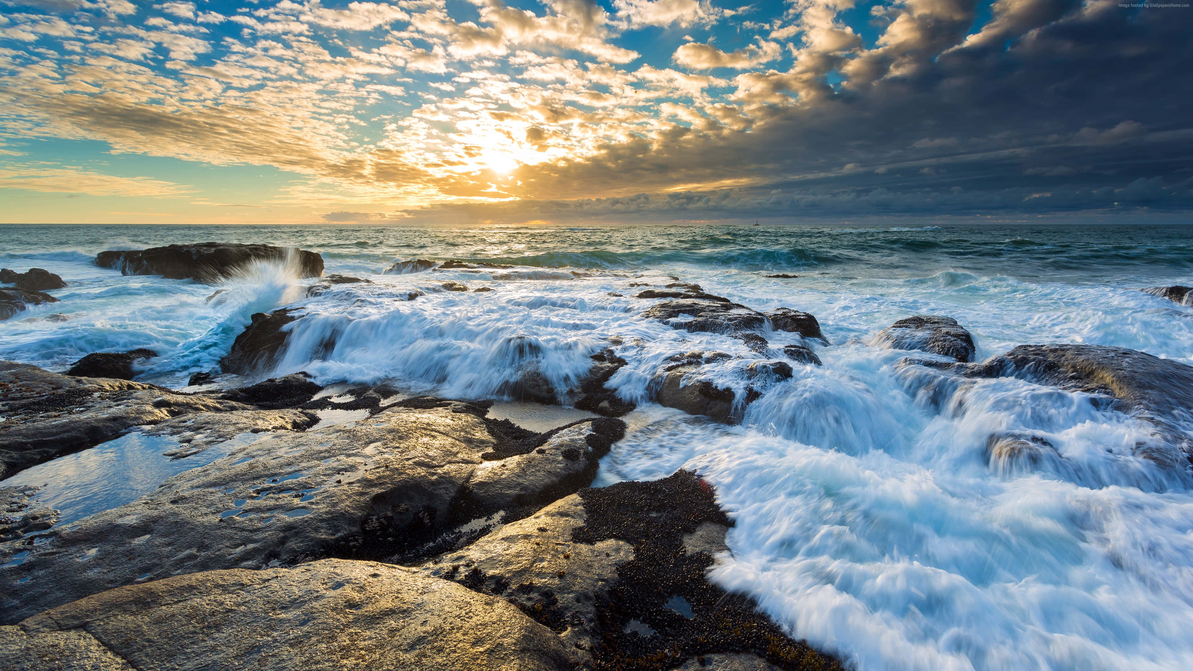 Beach Sunset, Sunset, crashing ocean waves, 4K Desktop Wallpaper