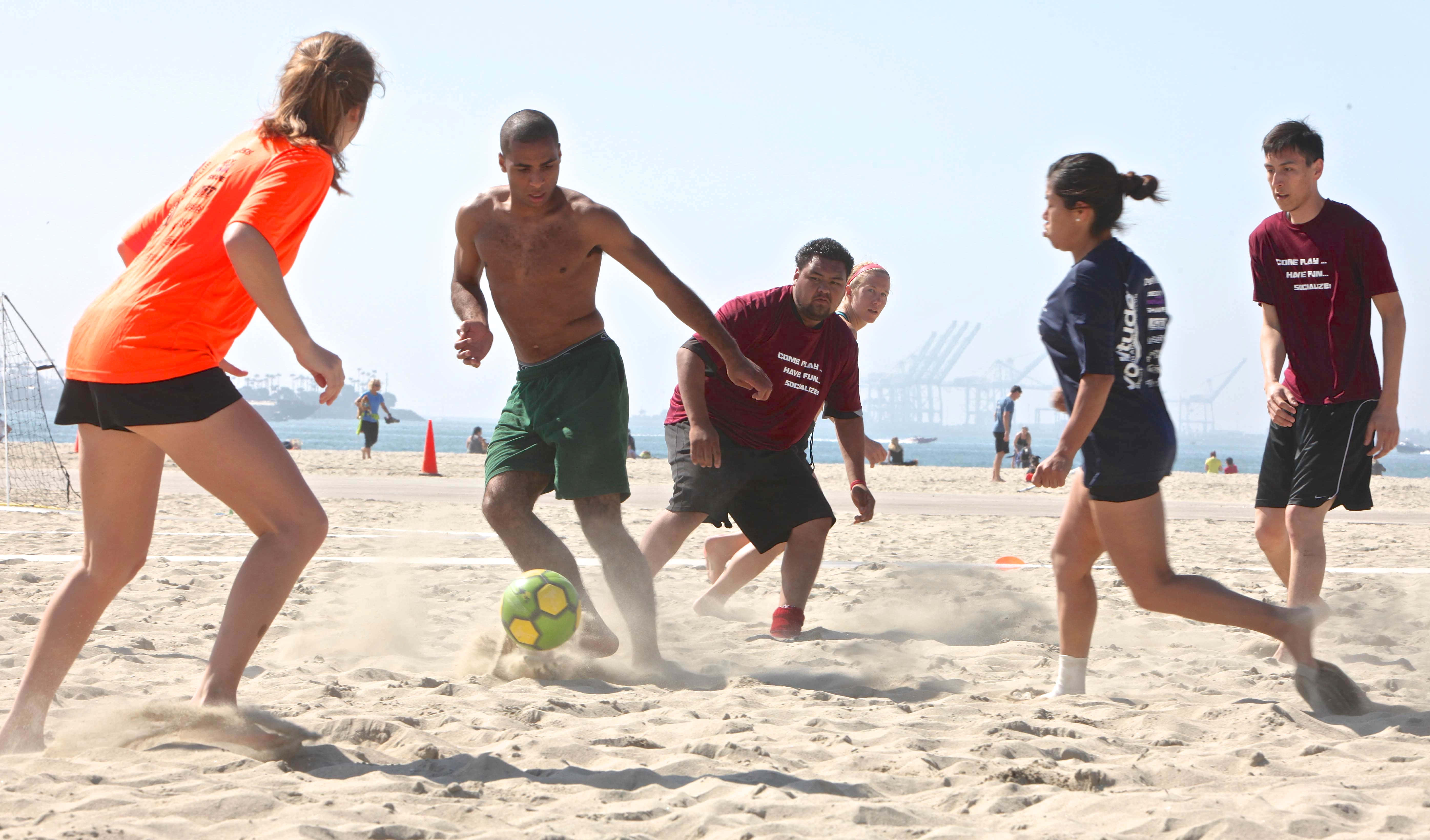 beach soccer, colorful ball, sunlit sand, 5K Desktop Wallpaper