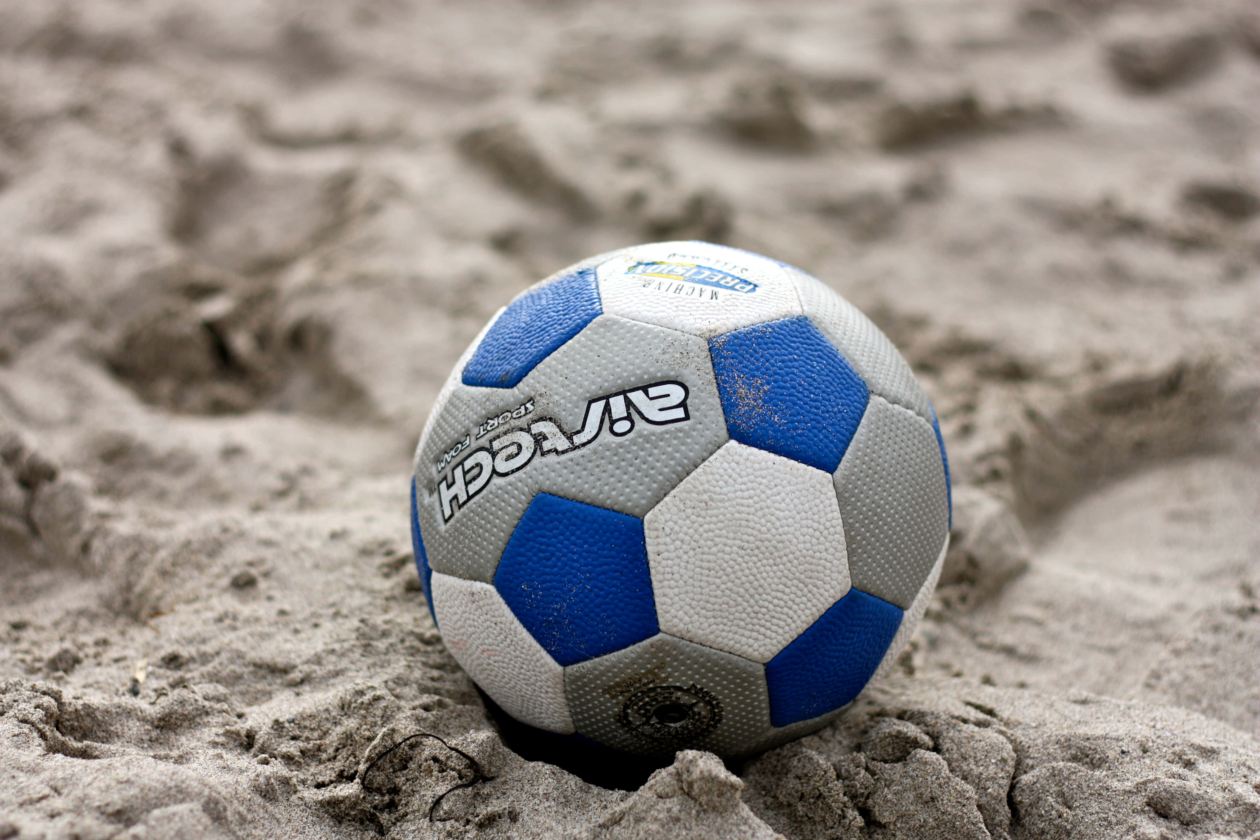 Beach Soccer, blue and white soccer ball, textured sand, 4K Desktop Wallpaper