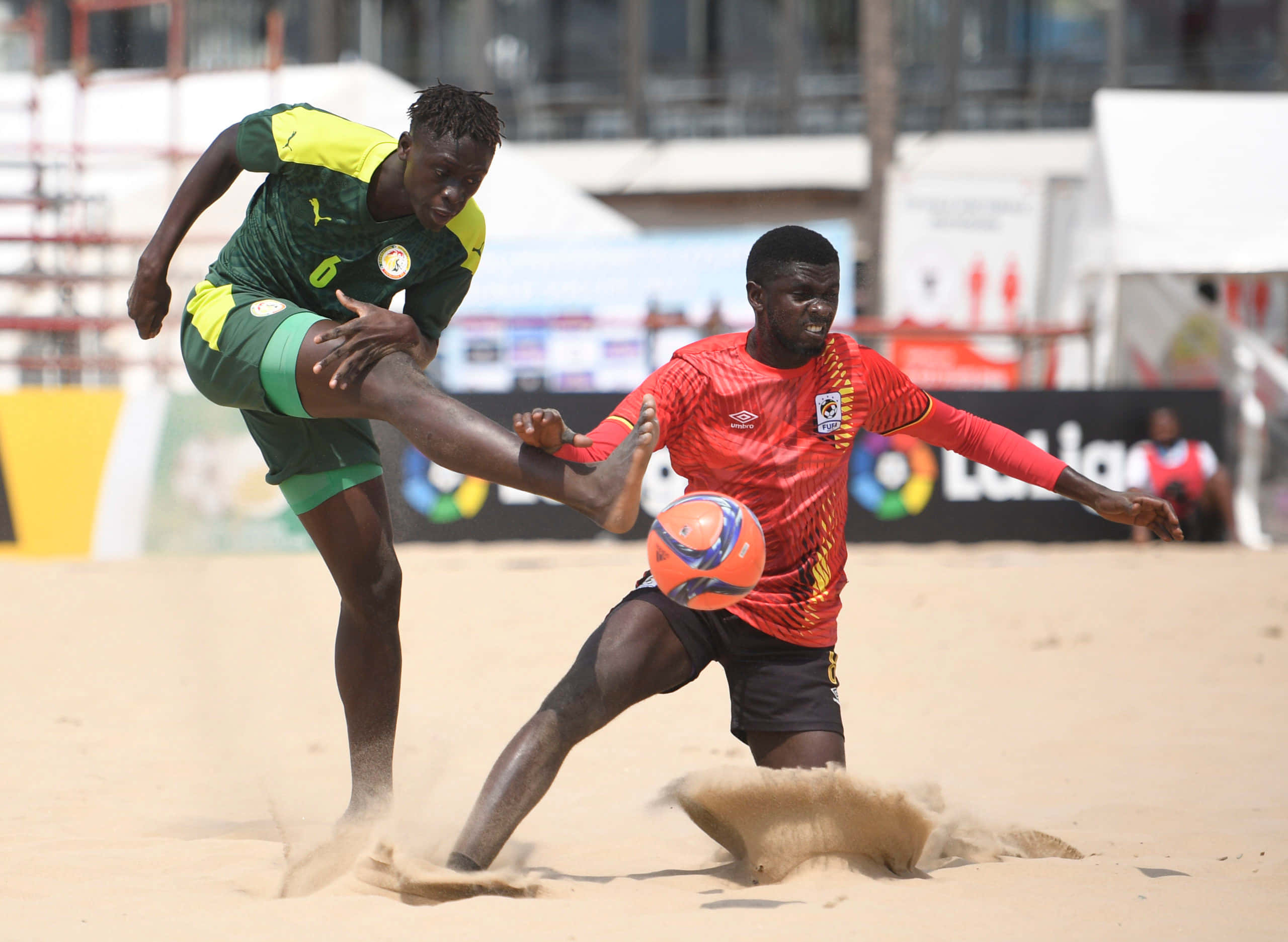 beach soccer, vibrant orange ball, sunlit sand, 2K Desktop Wallpaper