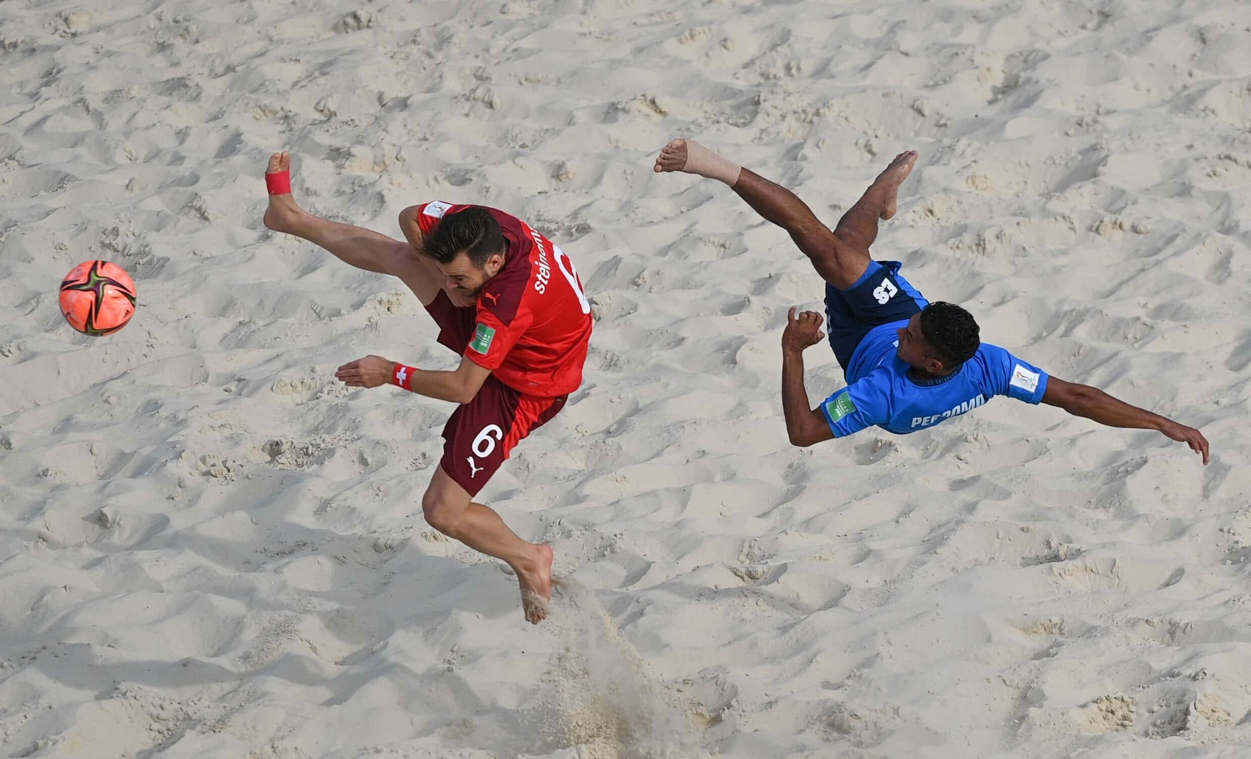 Beach Soccer, red and blue jerseys, orange ball, Full HD Desktop Wallpaper