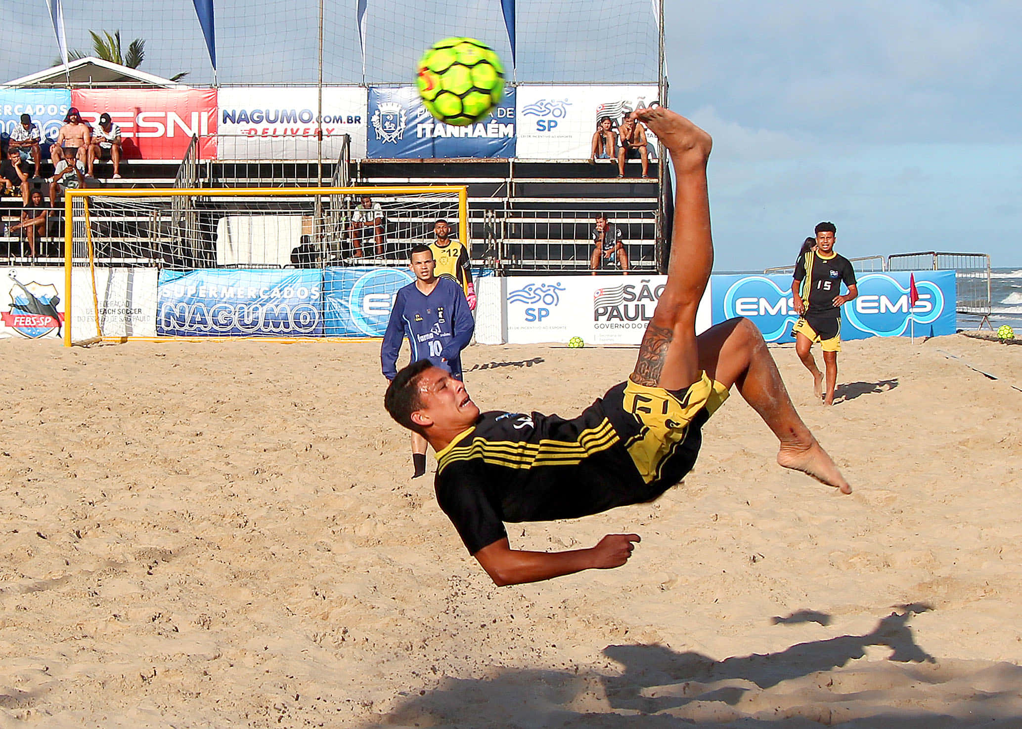 beach soccer, bright green ball, sunny sandy field, Full HD Desktop Wallpaper