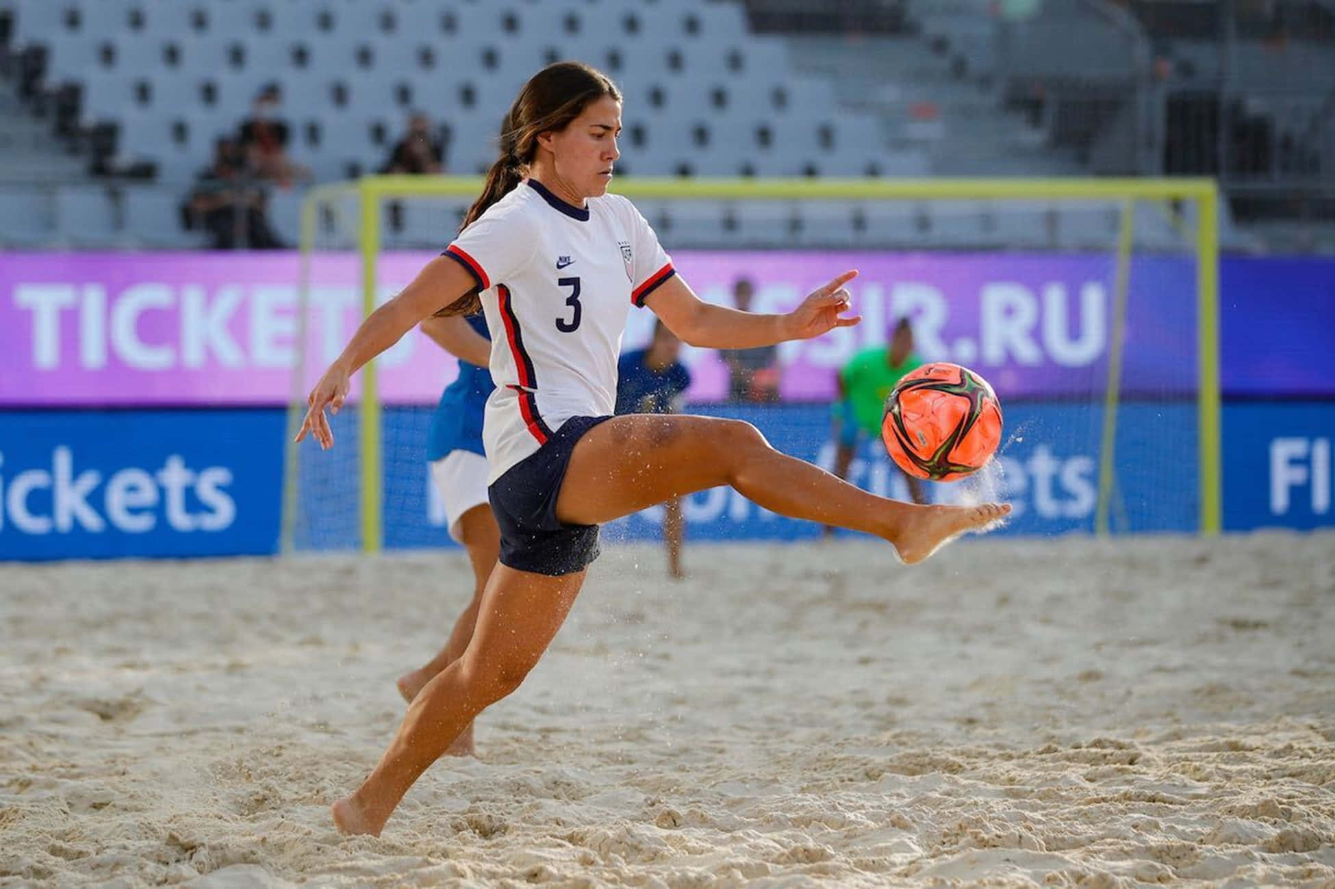 Beach Soccer, white jersey, orange ball, Full HD Desktop Wallpaper