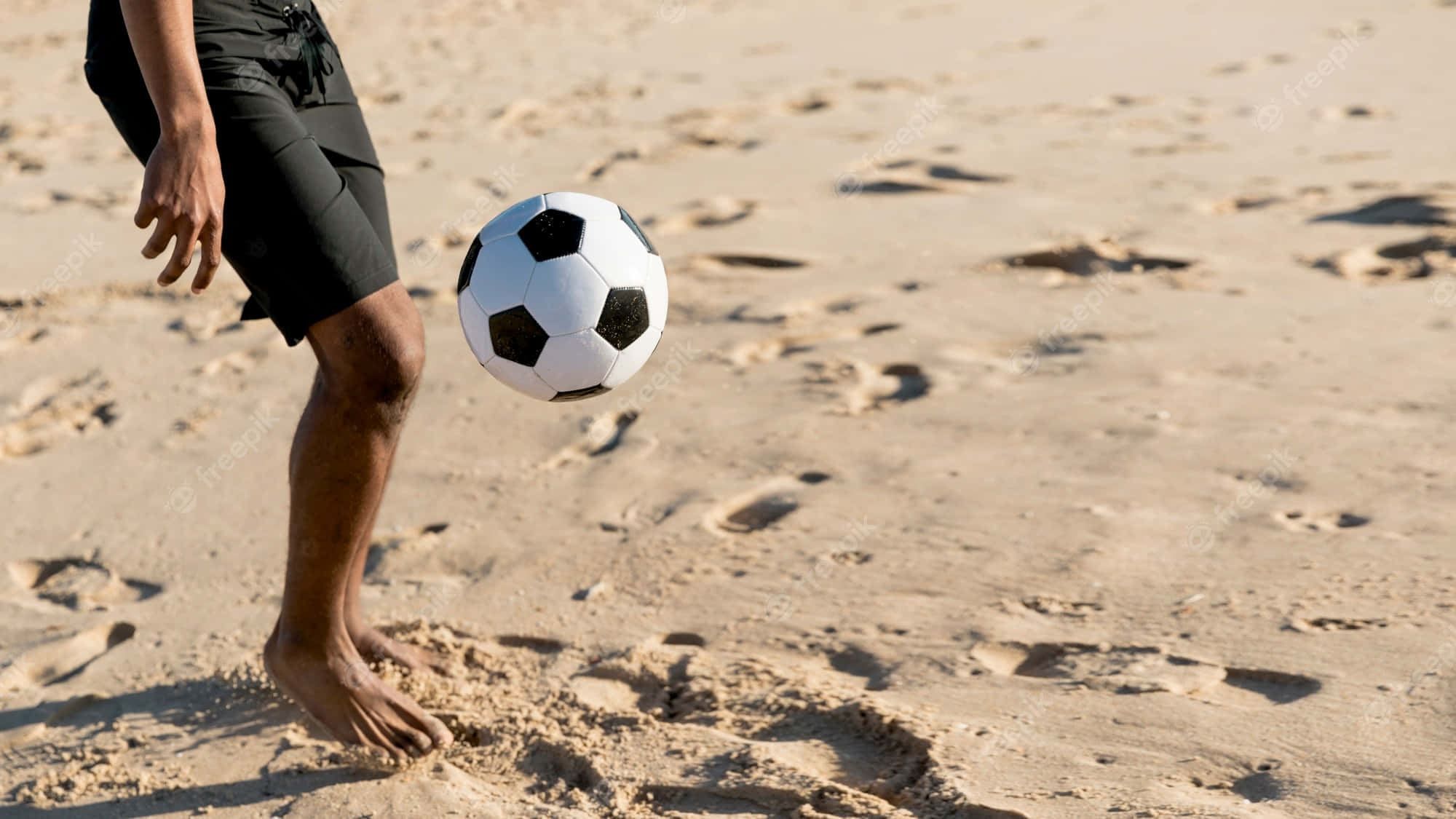 beach soccer, classic black and white soccer ball, sunlit sandy beach, Full HD Desktop Wallpaper