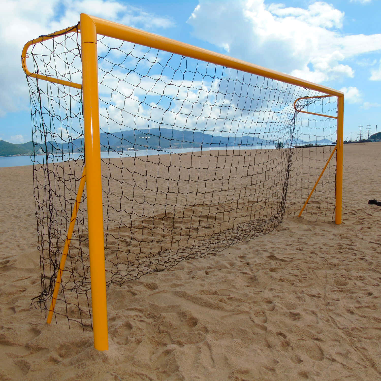 beach soccer, yellow soccer goal, black netting, HD Desktop Wallpaper