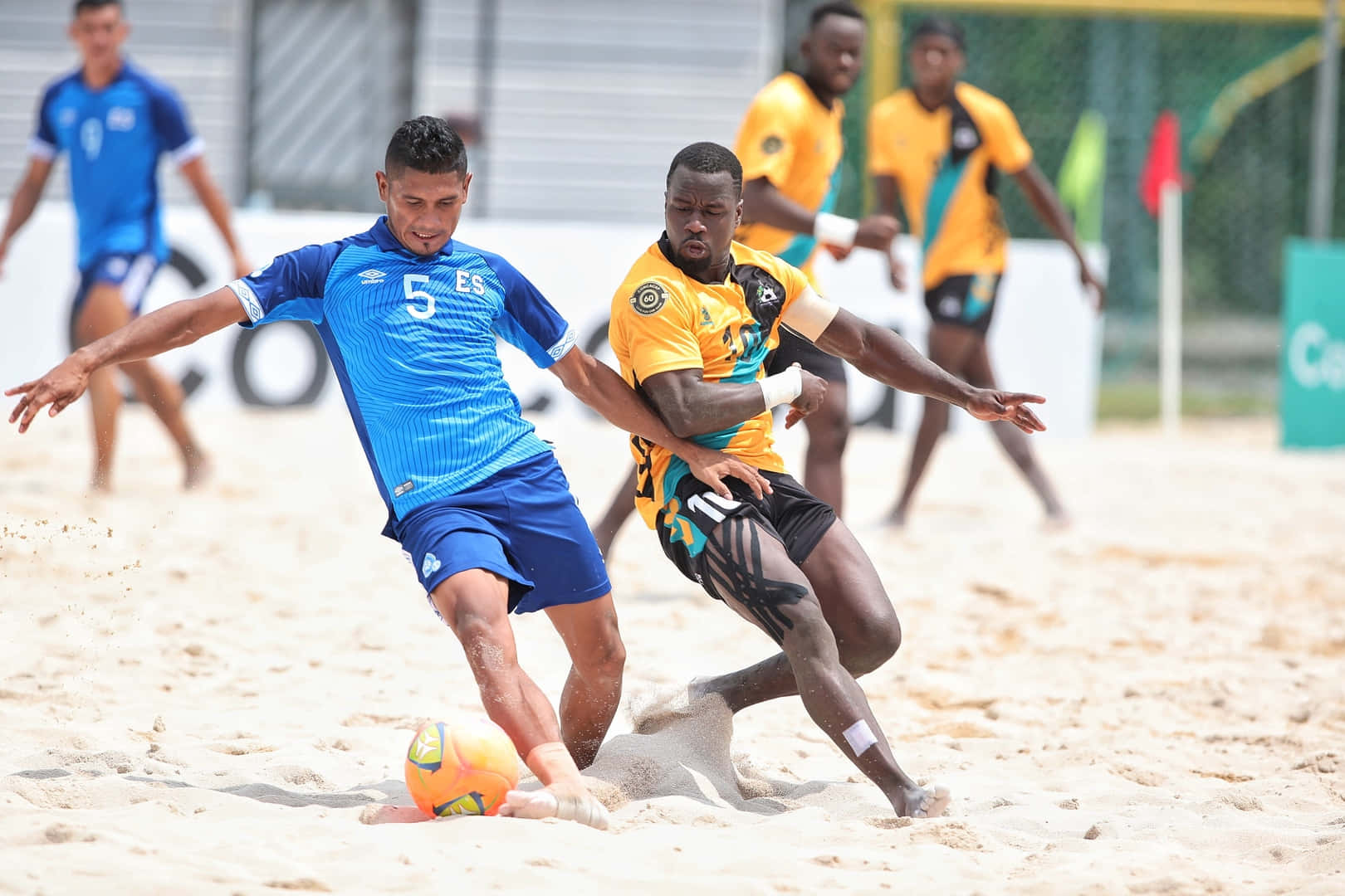 beach soccer, blue and yellow jerseys, sunlit sand, HD Desktop Wallpaper