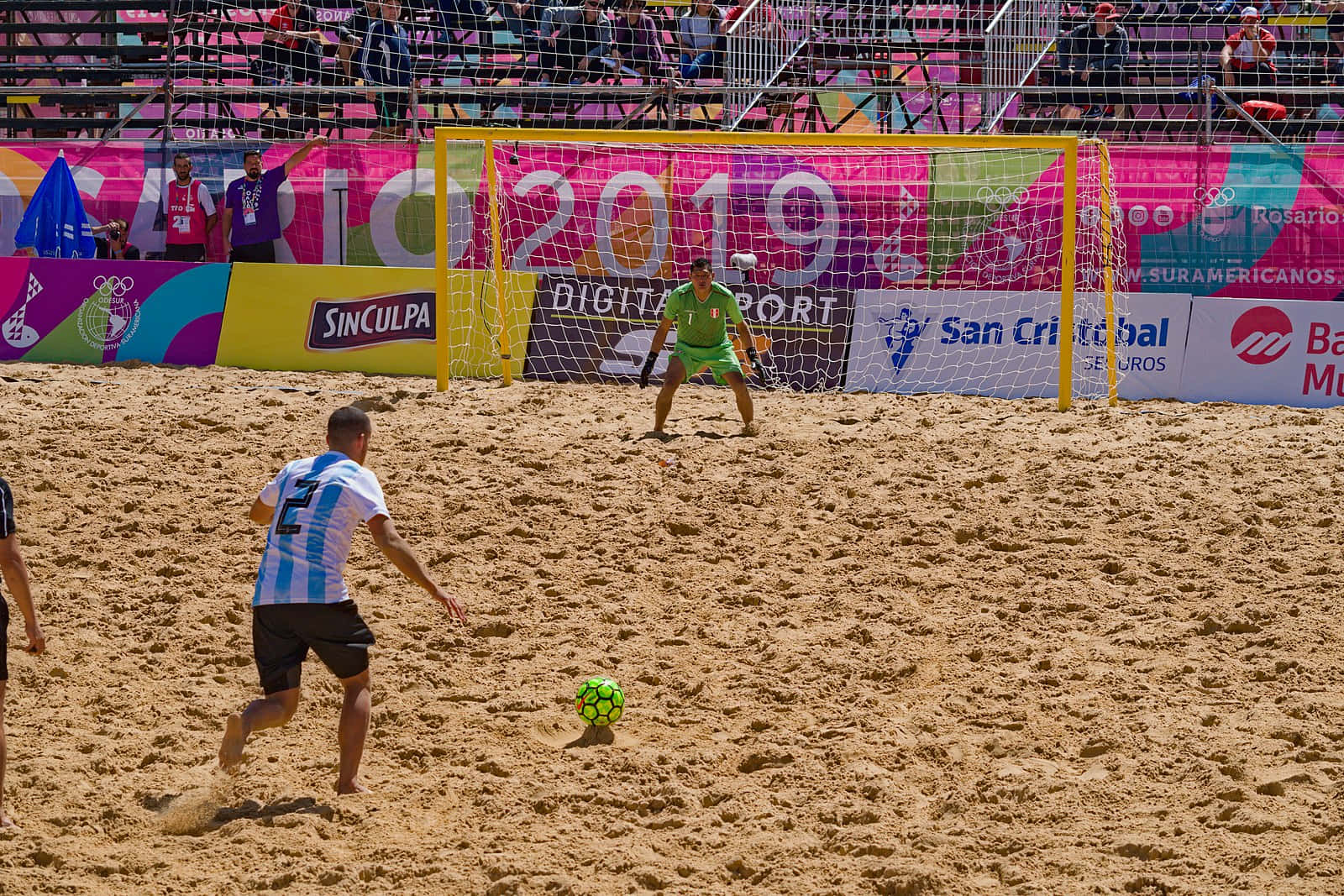 beach soccer, blue and white jersey, green ball, HD Desktop Wallpaper