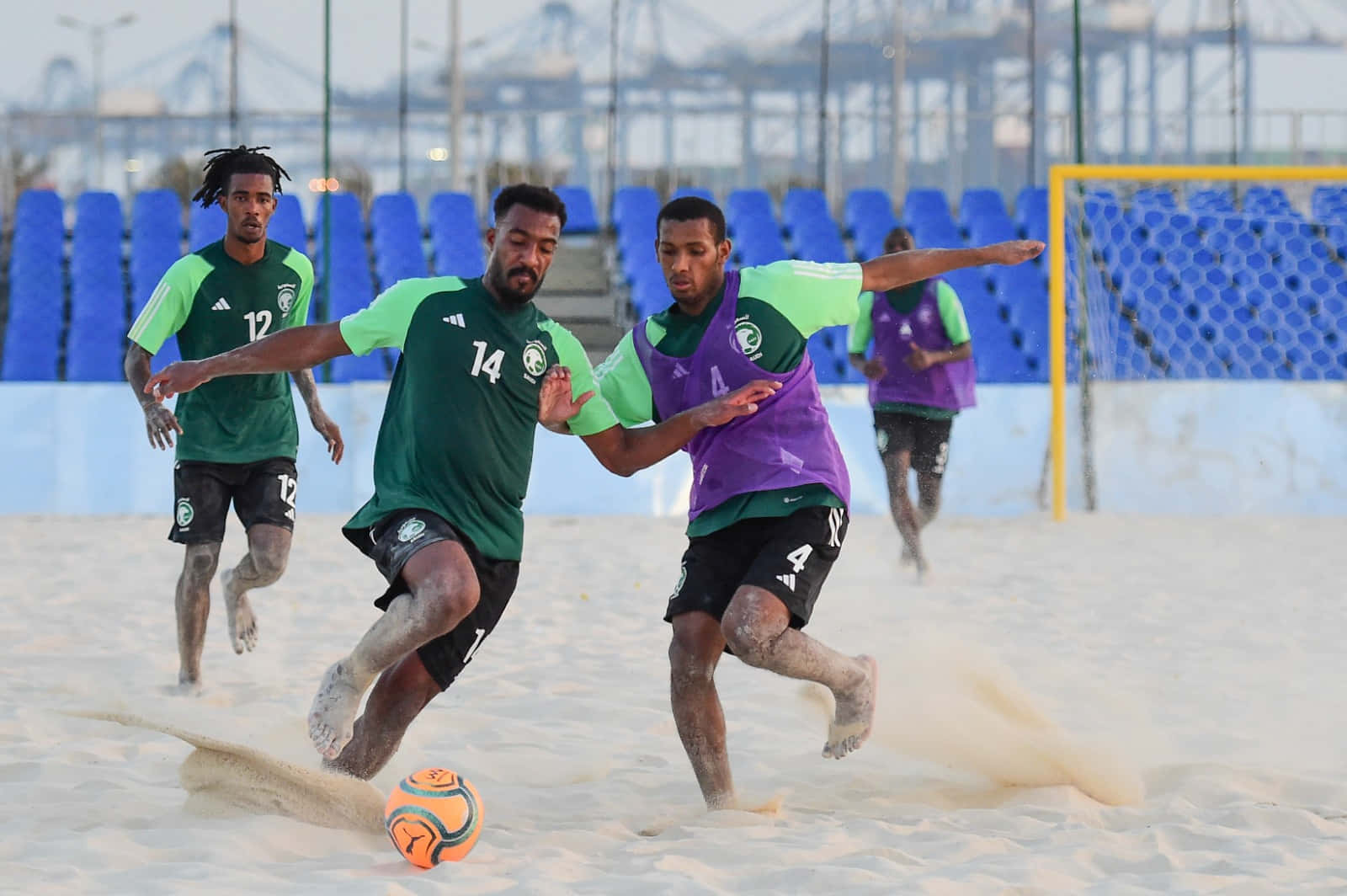 beach soccer, green and purple jerseys, colorful ball, HD Desktop Wallpaper