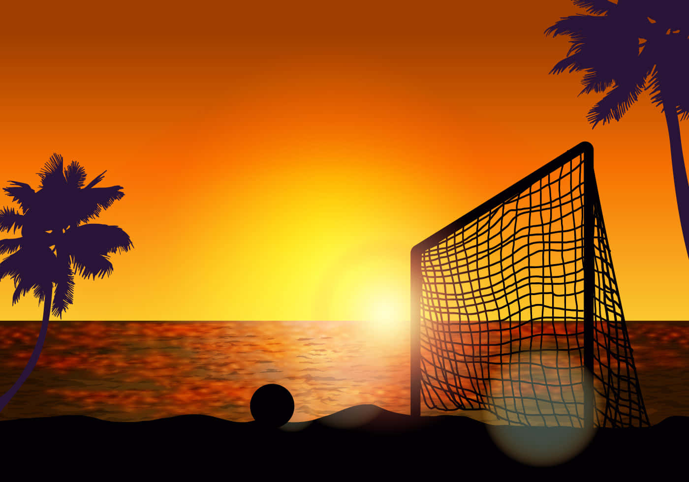 beach soccer, vibrant orange sunset, palm trees, HD Desktop Wallpaper