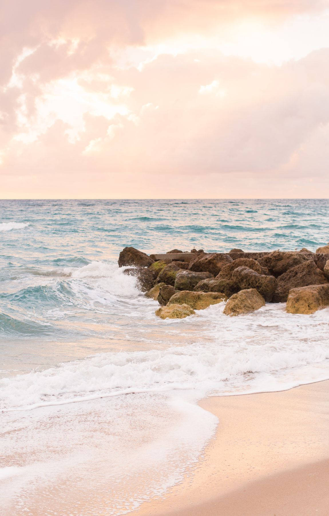 beach sunrise, soft pink sunset, rugged rocks, HD Phone Wallpaper