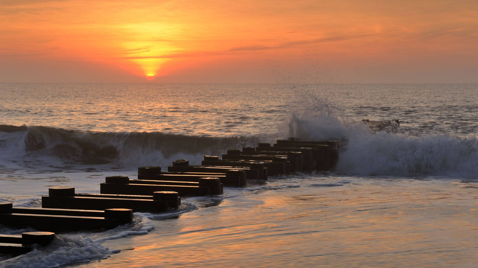 jetty pile, wave, beach sunrise, Full HD Desktop Wallpaper