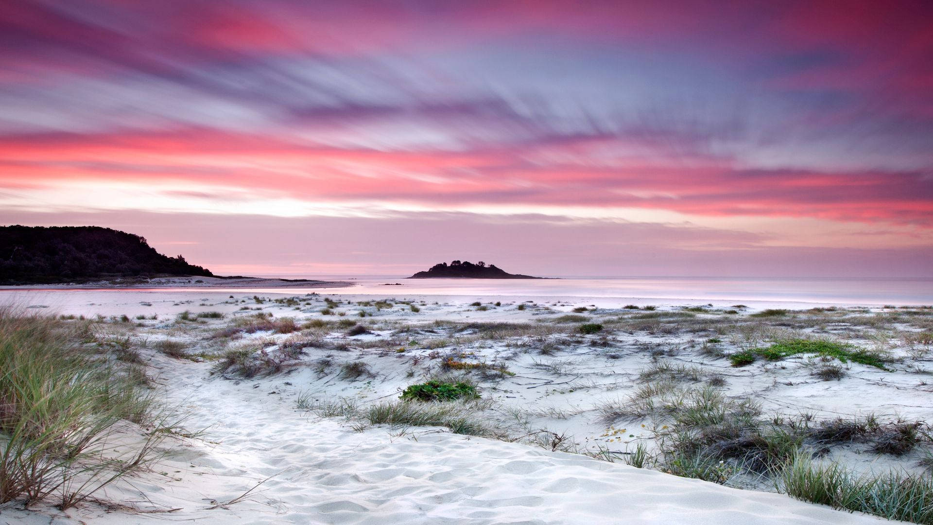 beach, sunset, pink purple skies, Full HD Desktop Wallpaper