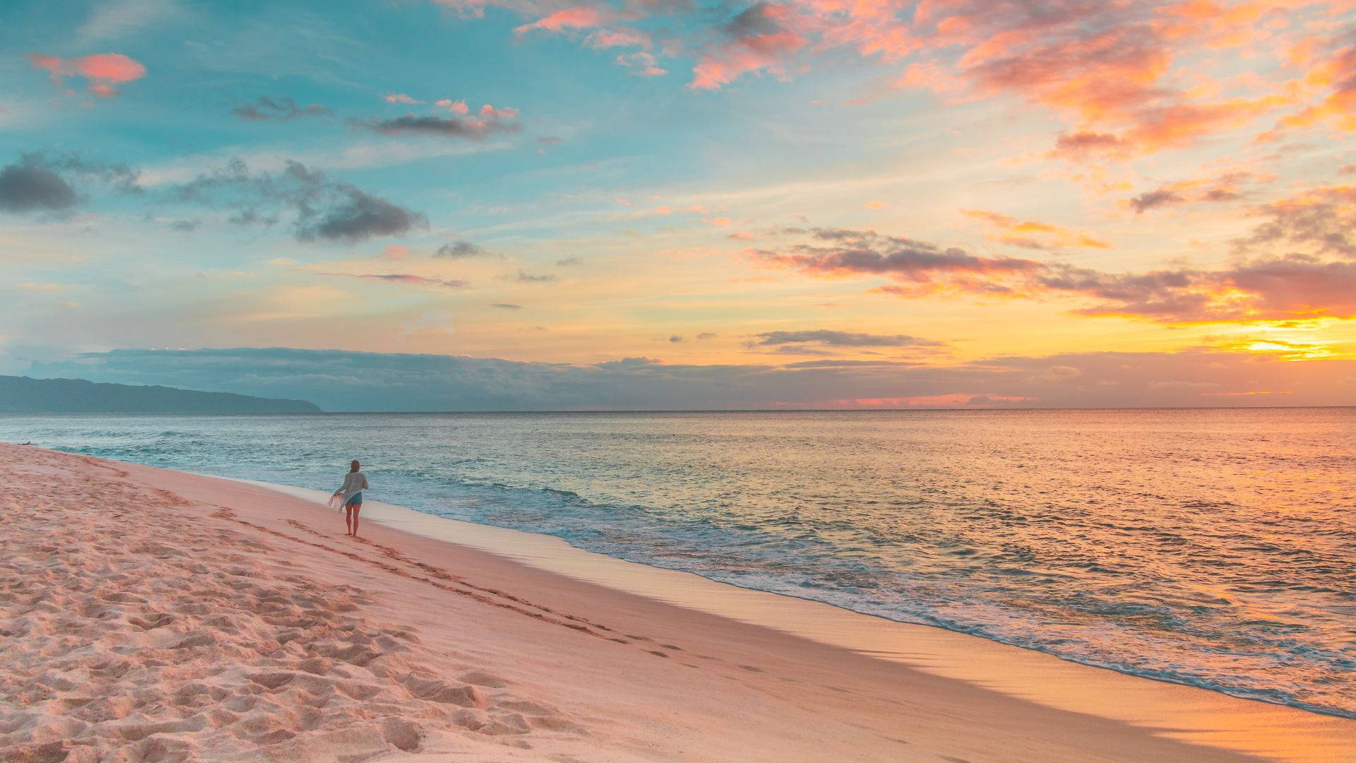 pink sand beach, sunset, vibrant orange and blue sky, Full HD Desktop Wallpaper