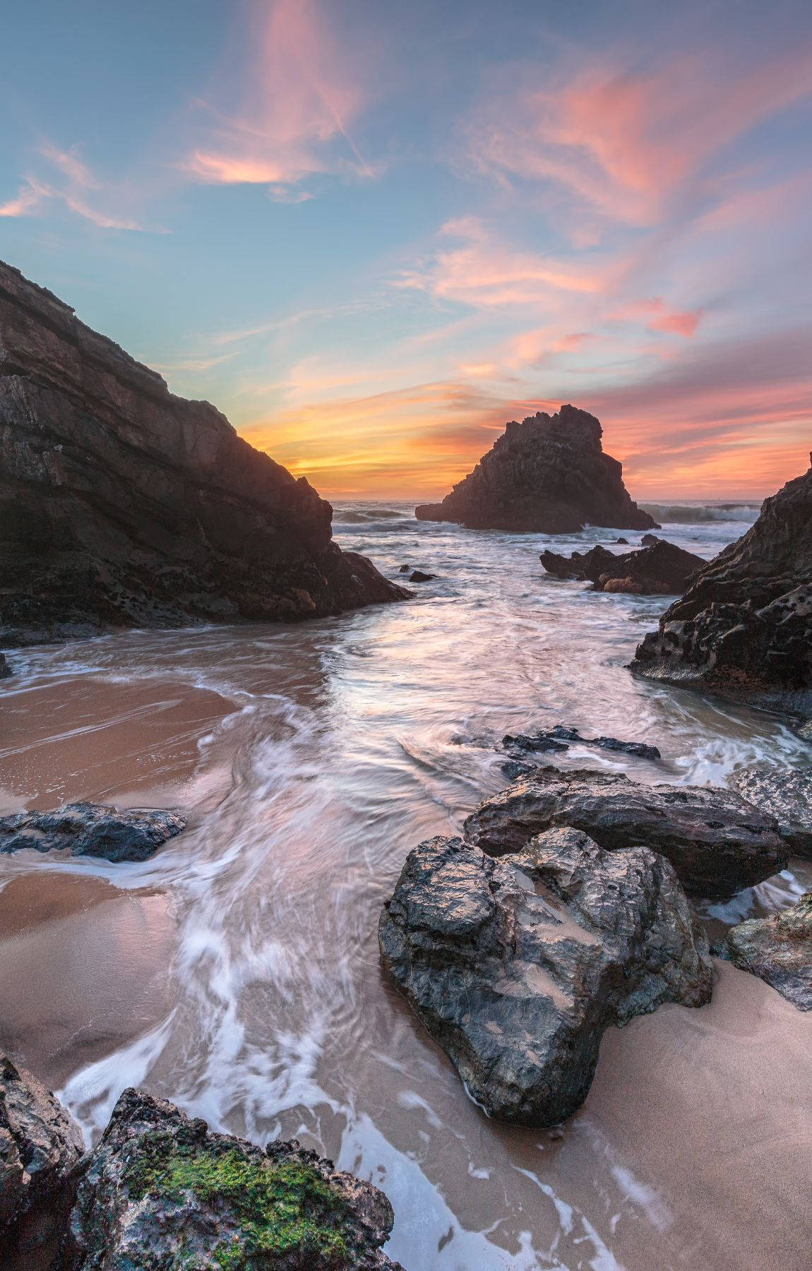 rock formation, beach, sunrise, HD Phone Wallpaper