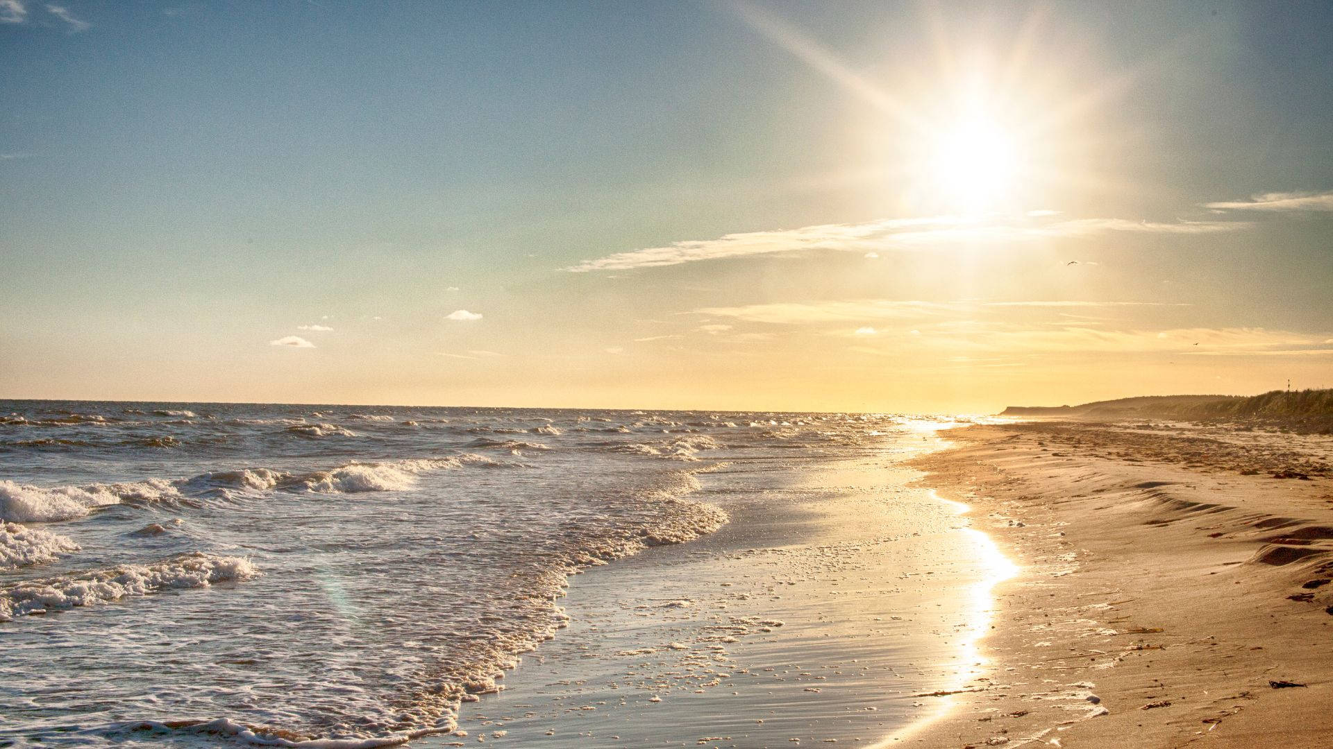 tropical beach, sunrise, golden light, Full HD Desktop Wallpaper