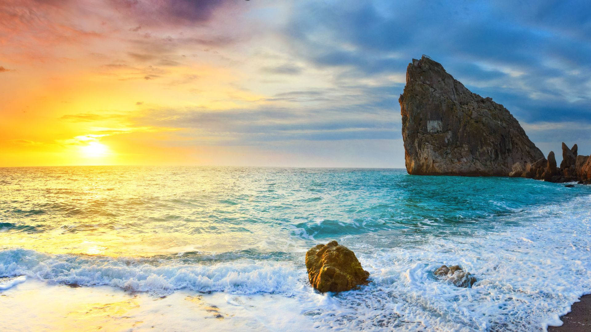 rock formation, blue beach, sunrise, Full HD Desktop Wallpaper