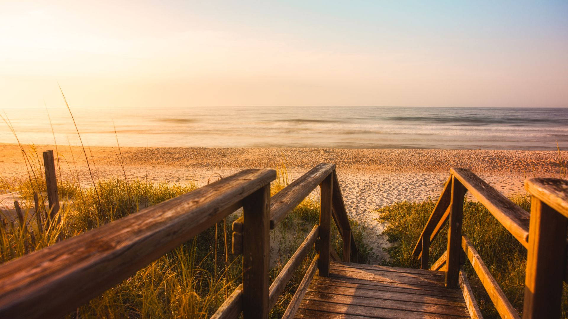 wooden boardwalk, beach sunrise, golden dunes, Full HD Desktop Wallpaper
