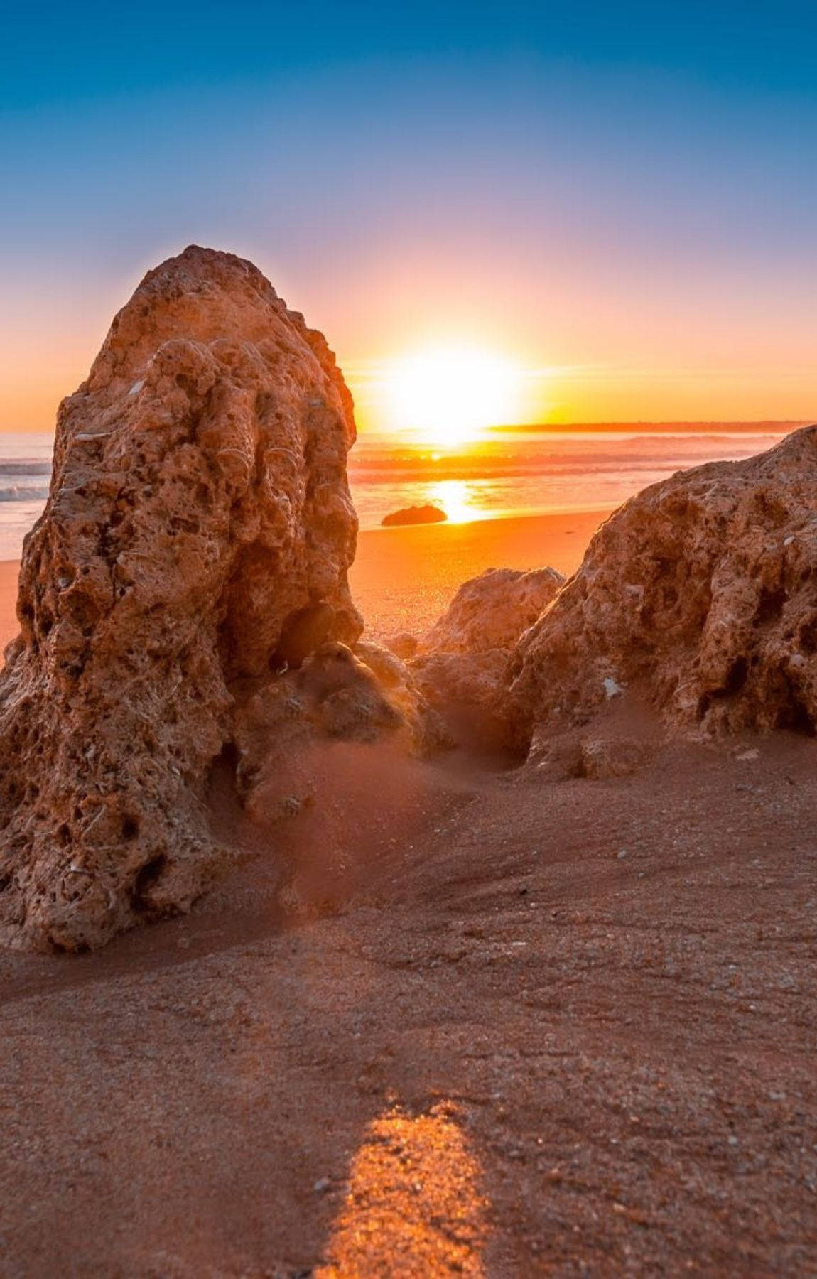 Beach Sunrise, rock formation, sandy shore, HD Phone Wallpaper