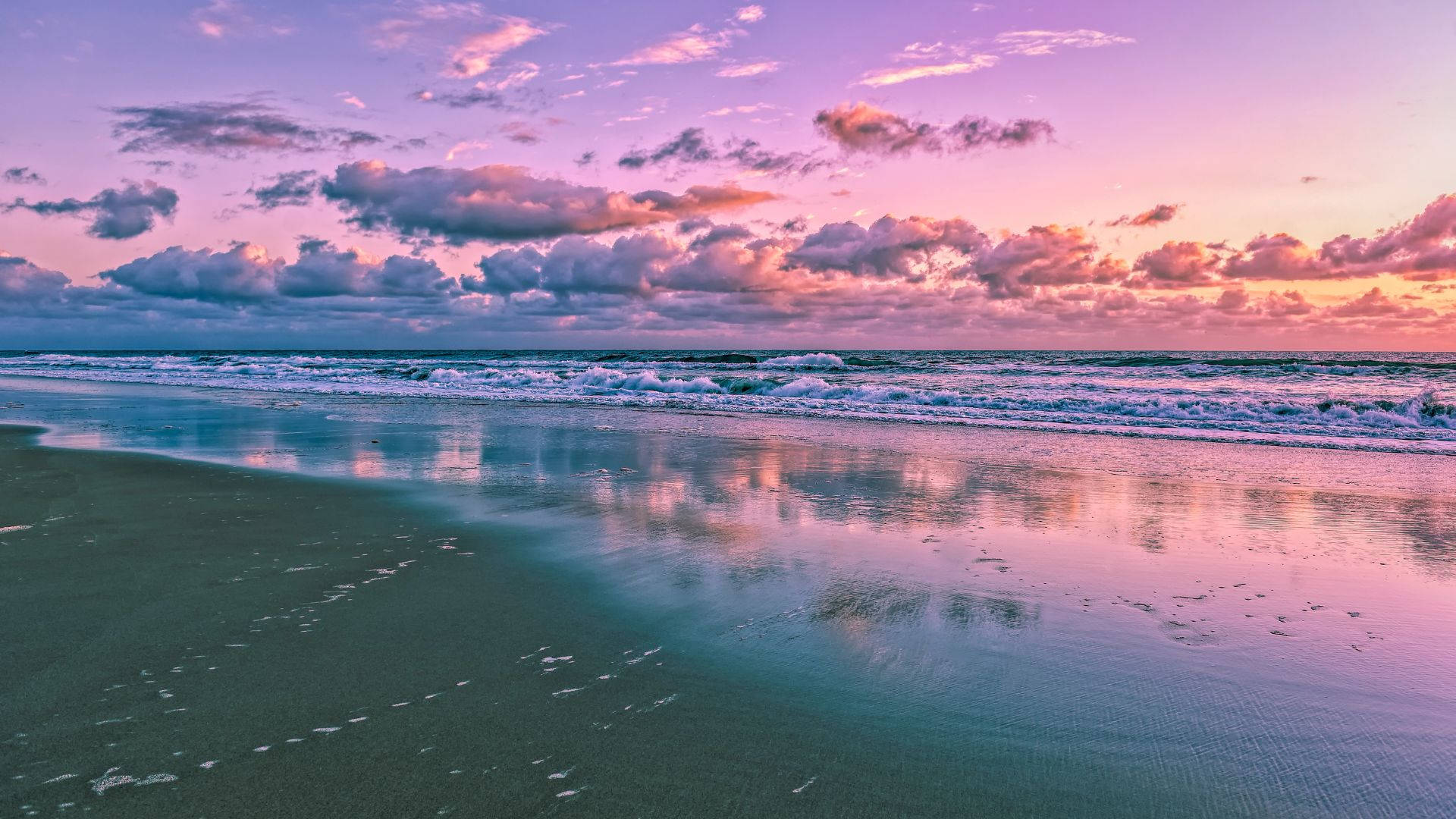 purple cloudy beach sunrise, pink and purple clouds, wet sand, Full HD Desktop Wallpaper