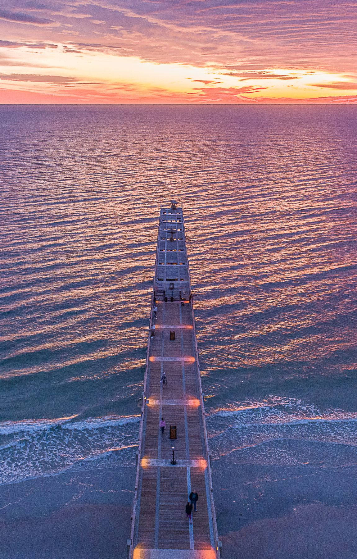 wooden walkway, beach sunrise, aerial shot, HD Phone Wallpaper