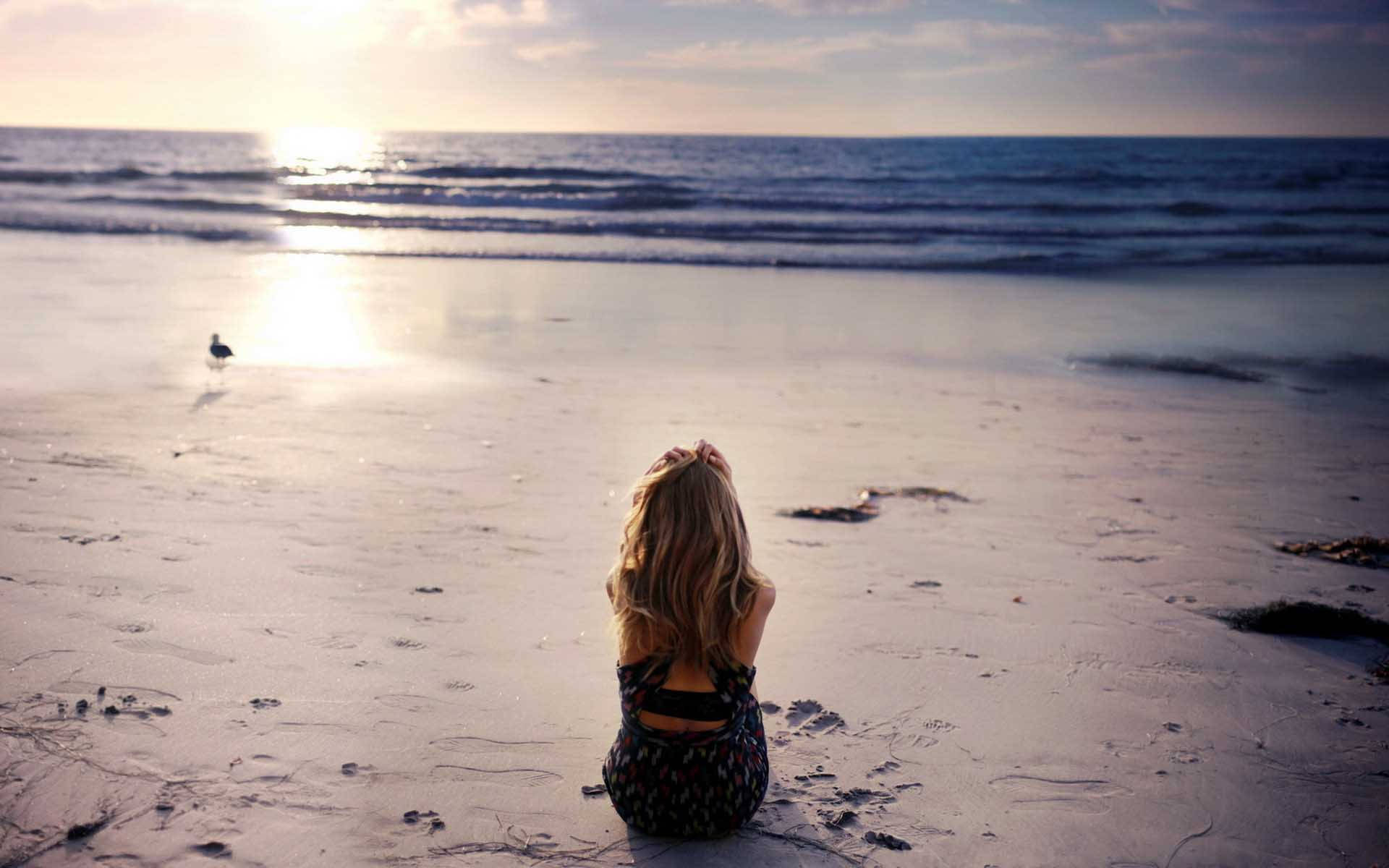girl, blonde hair, wet sandy beach, Full HD Desktop Wallpaper