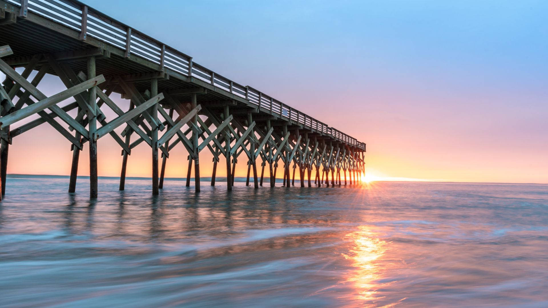 beach sunrise, rock formations, wooden pier, Full HD Desktop Wallpaper