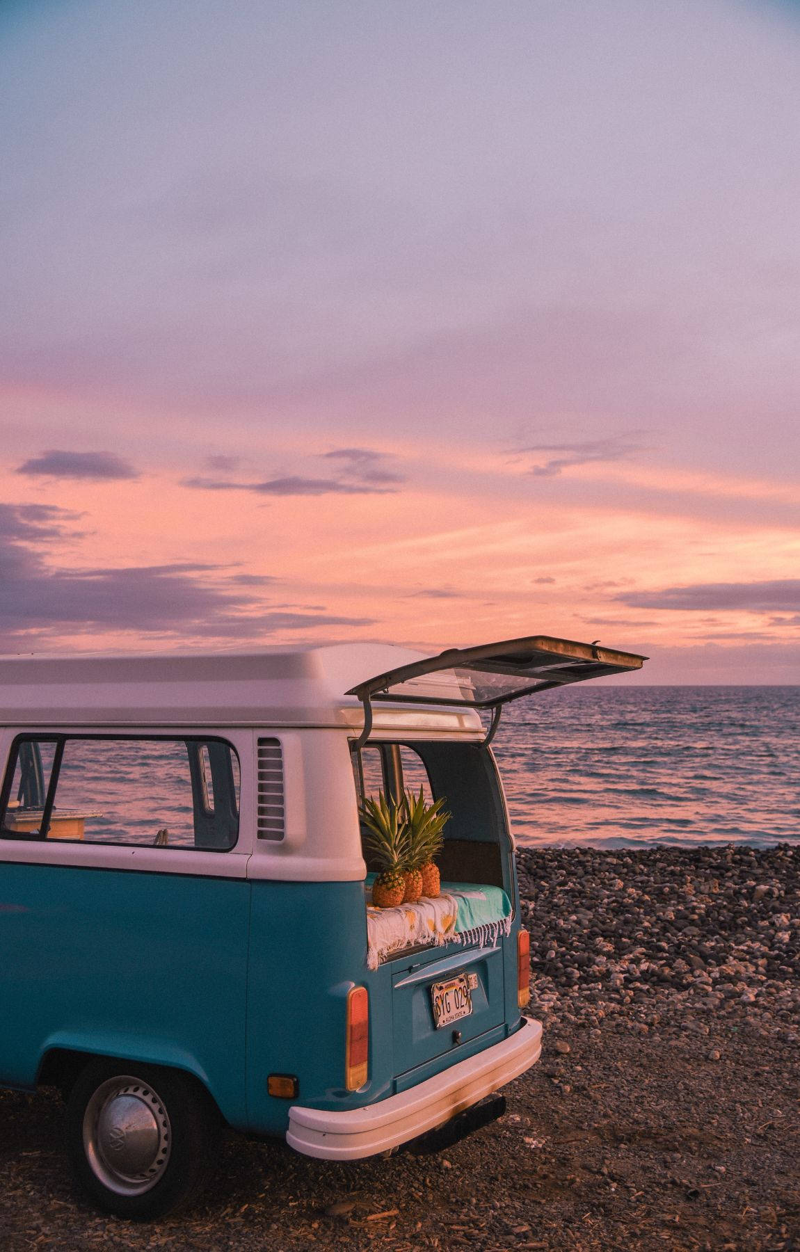 turquoise vintage van, pebbled beach, sunset, HD Phone Wallpaper