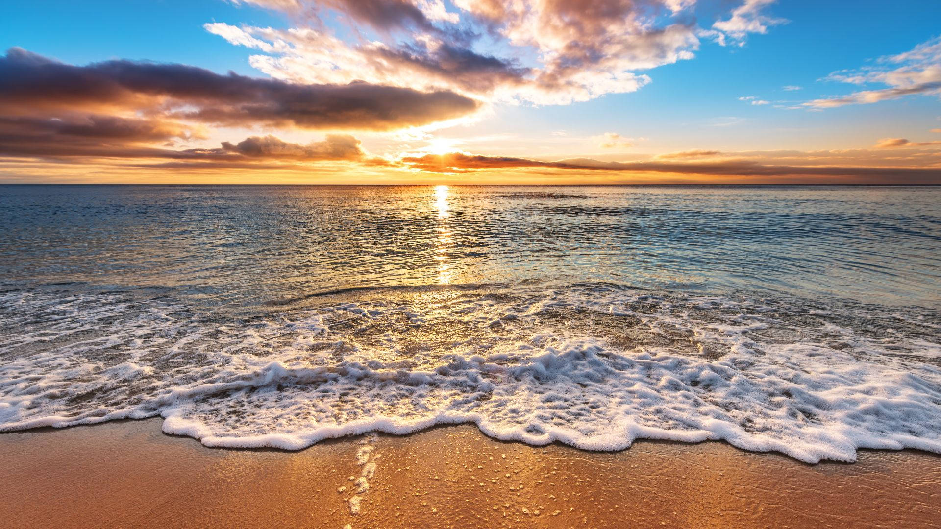 vibrant beach sunrise landscape, golden sunset, warm sand, Full HD Desktop Wallpaper