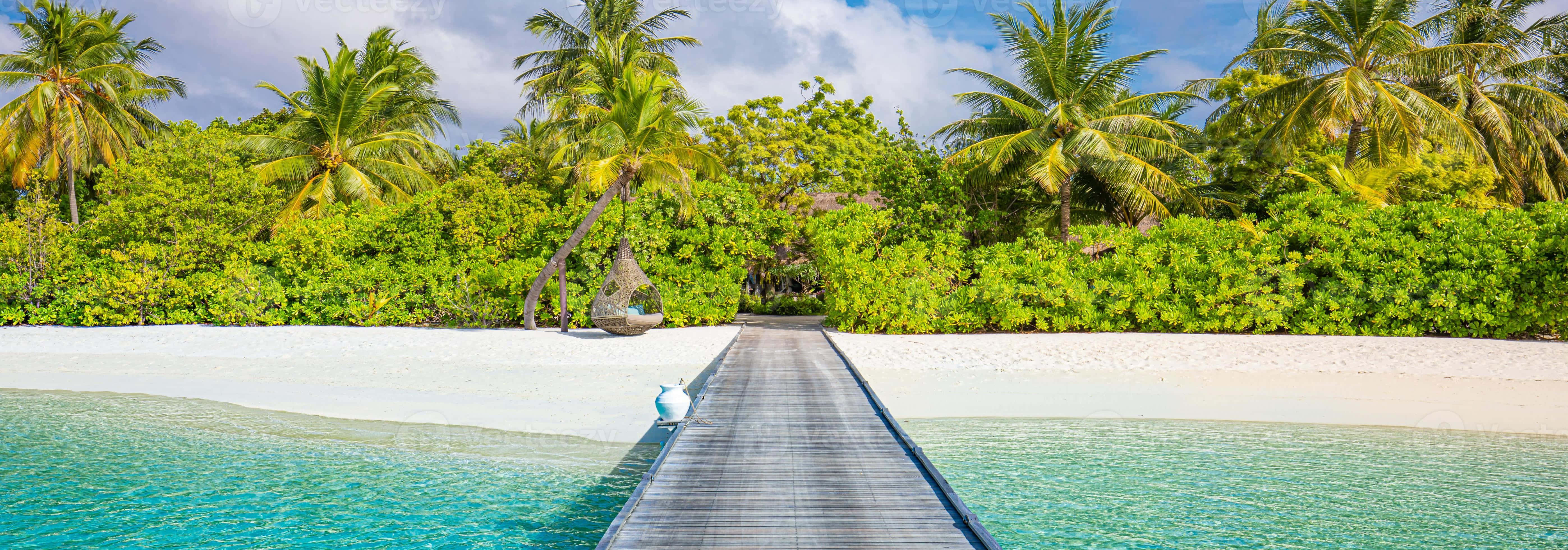 wooden walkway, turquoise water, lush green island, 5K Desktop Wallpaper