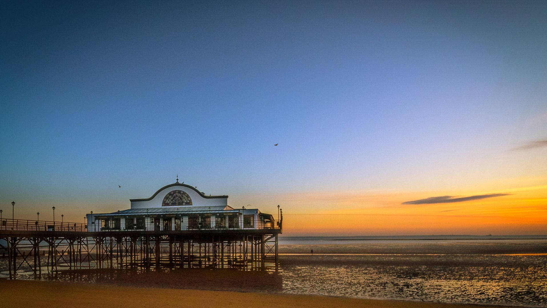 pier seafood restaurant, beach sunrise, sunset, Full HD Desktop Wallpaper