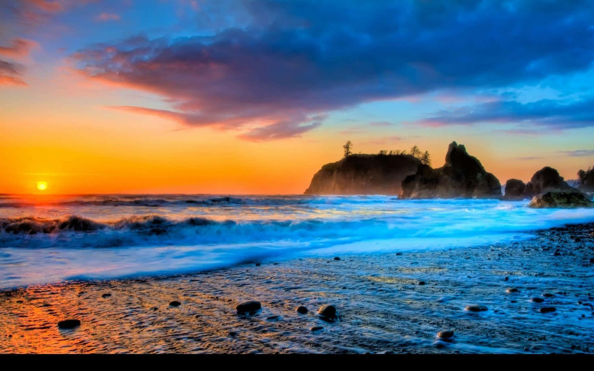 beach sunset desktop, fiery orange, deep blue, Full HD Desktop Wallpaper