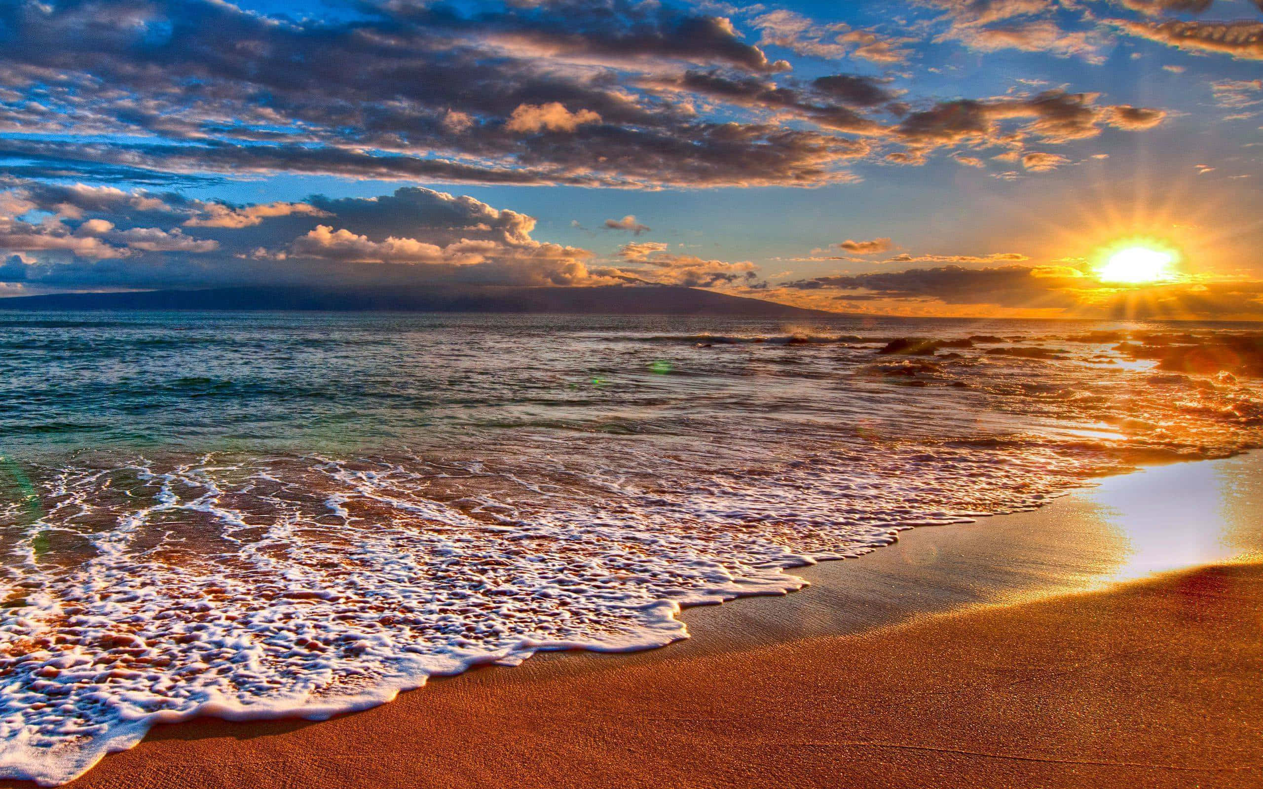 beach sunset desktop, golden sunset, waves, 2K Desktop Wallpaper