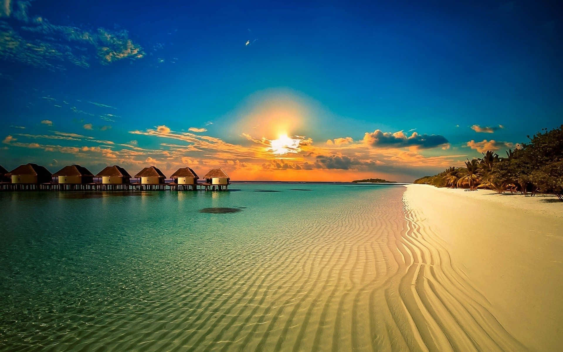 beach sunset desktop, turquoise waters, overwater bungalows, Full HD Desktop Wallpaper
