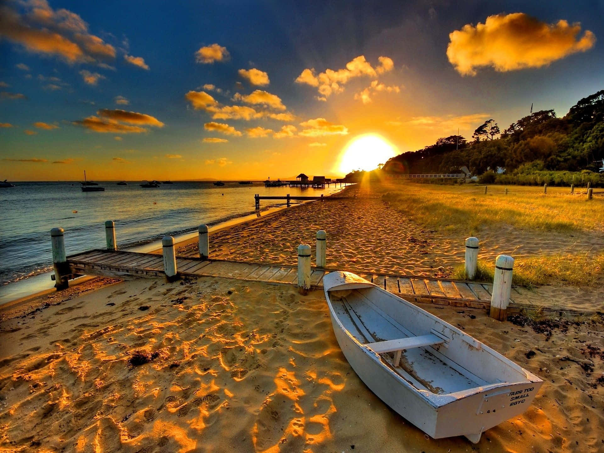 beach sunset desktop, white rowboat, golden sand, Full HD Desktop Wallpaper