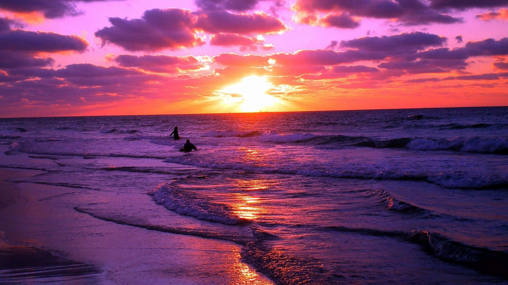 Beach Sunset Desktop, Dark Purple, fiery pink and orange sunset sky, Full HD Desktop Wallpaper