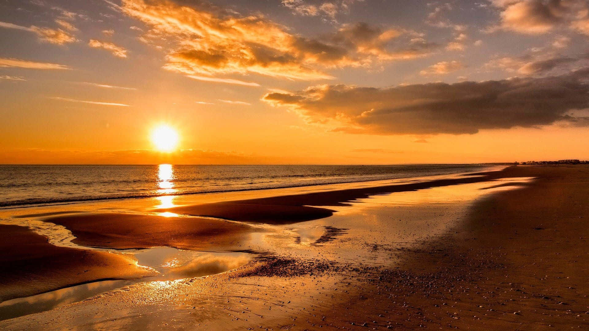 beach sunset desktop, golden sunset, wet sand, Full HD Desktop Wallpaper