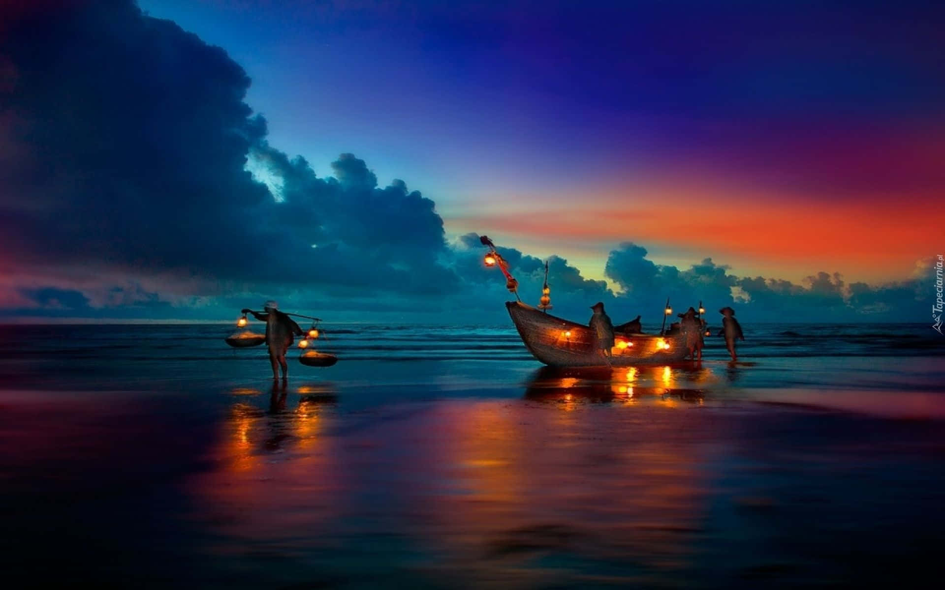 beach sunset desktop, fishermen, glowing lanterns, Full HD Desktop Wallpaper