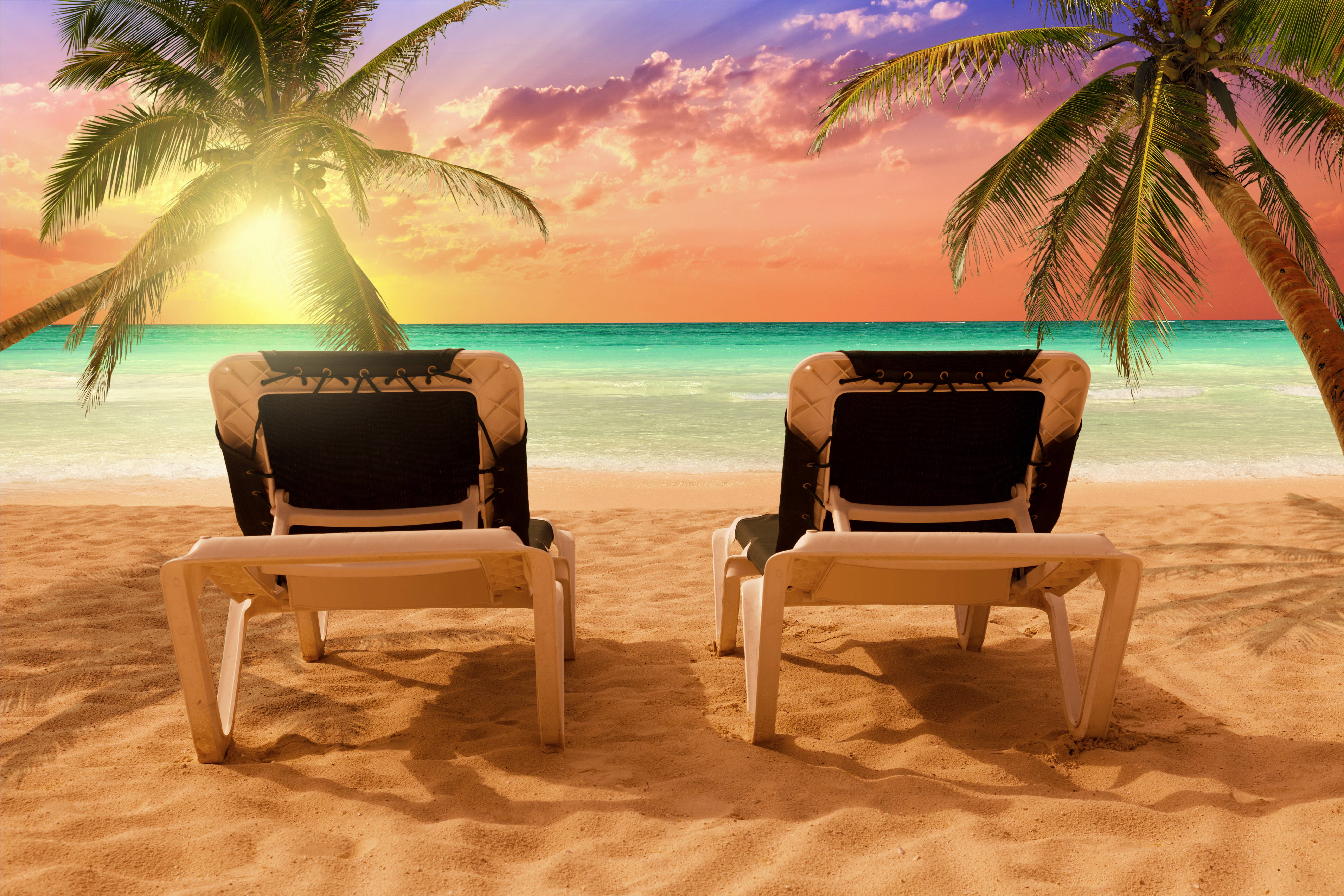 lounge chairs, turquoise ocean, vibrant sunset, 5K Desktop Wallpaper