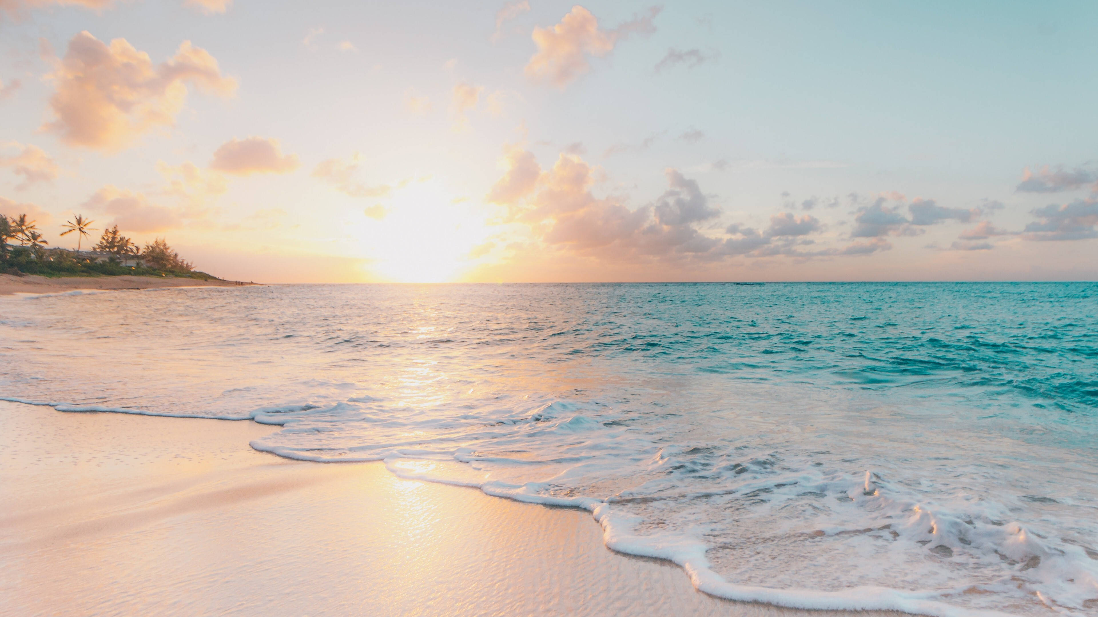 4K Summer Beach, Golden sunset, turquoise ocean, 4K Desktop Wallpaper