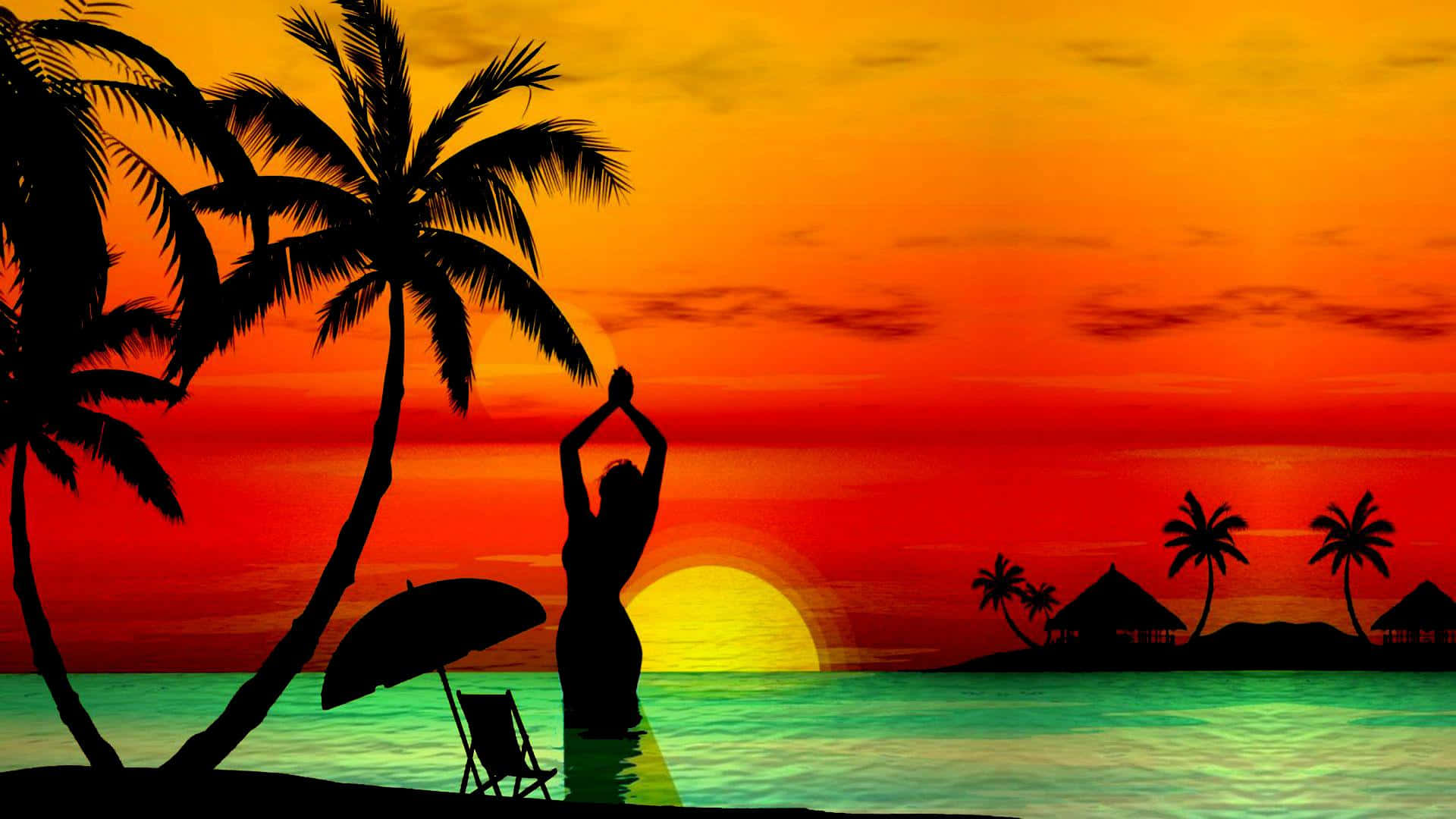 Tropical Sunset, yellow and orange sky, silhouette of a woman, Full HD Desktop Wallpaper