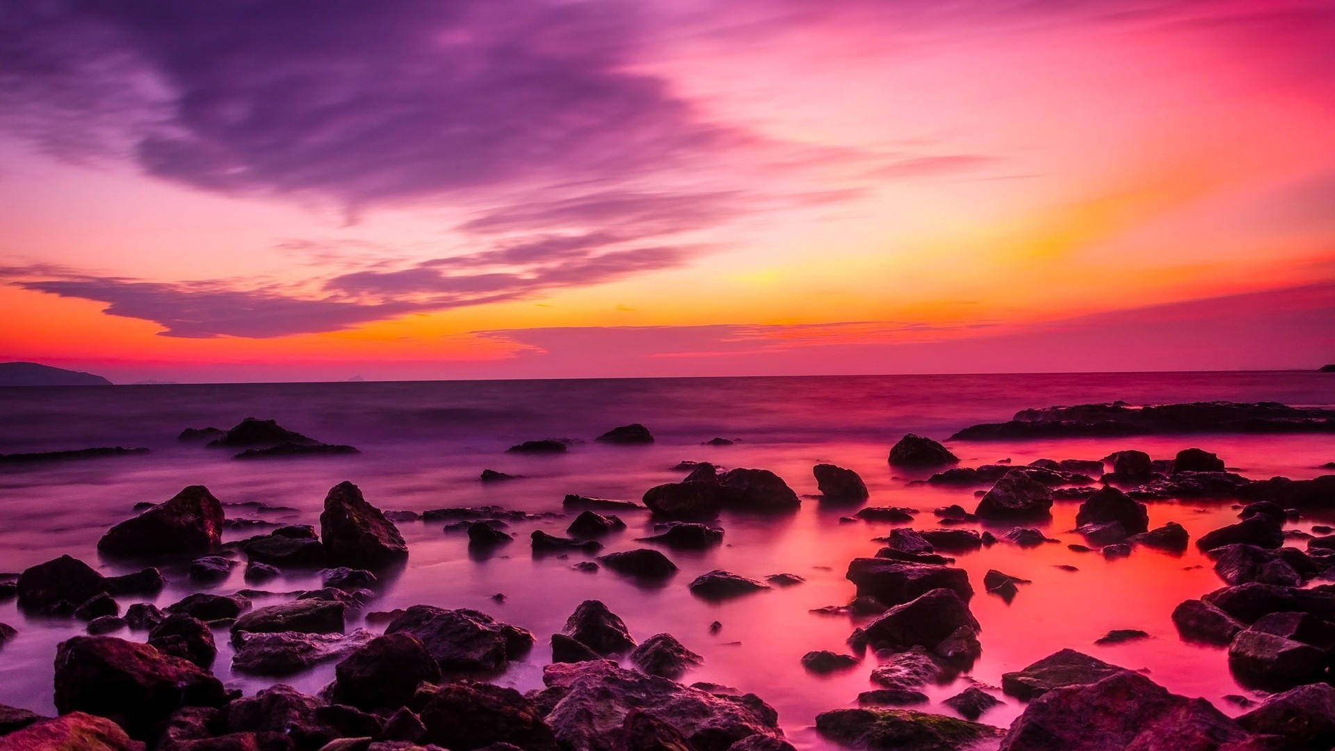 pink sunset, rocky beach, fiery orange, Full HD Desktop Wallpaper