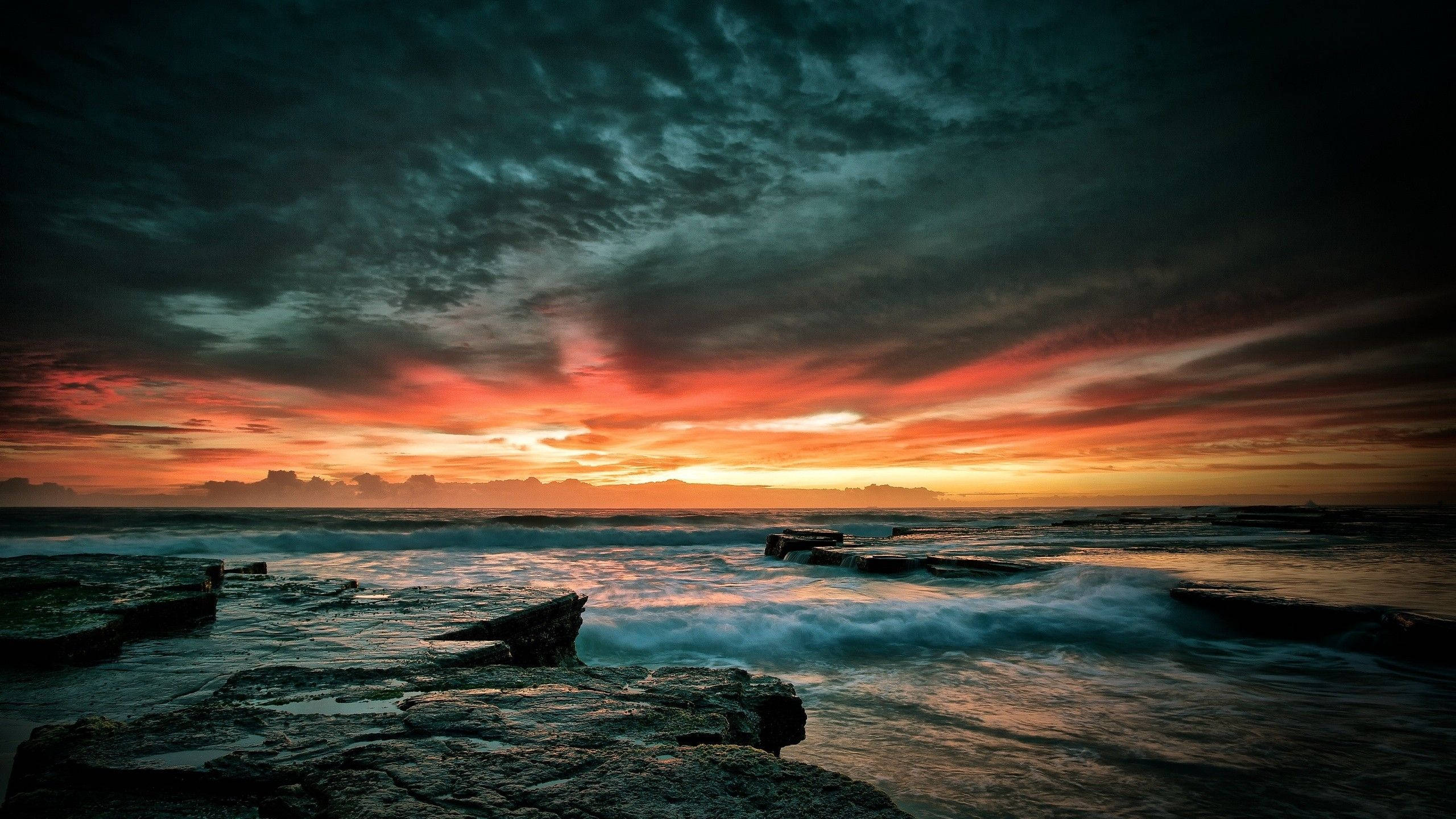 Beach Sunset, fiery orange, deep teal, 2K Desktop Wallpaper