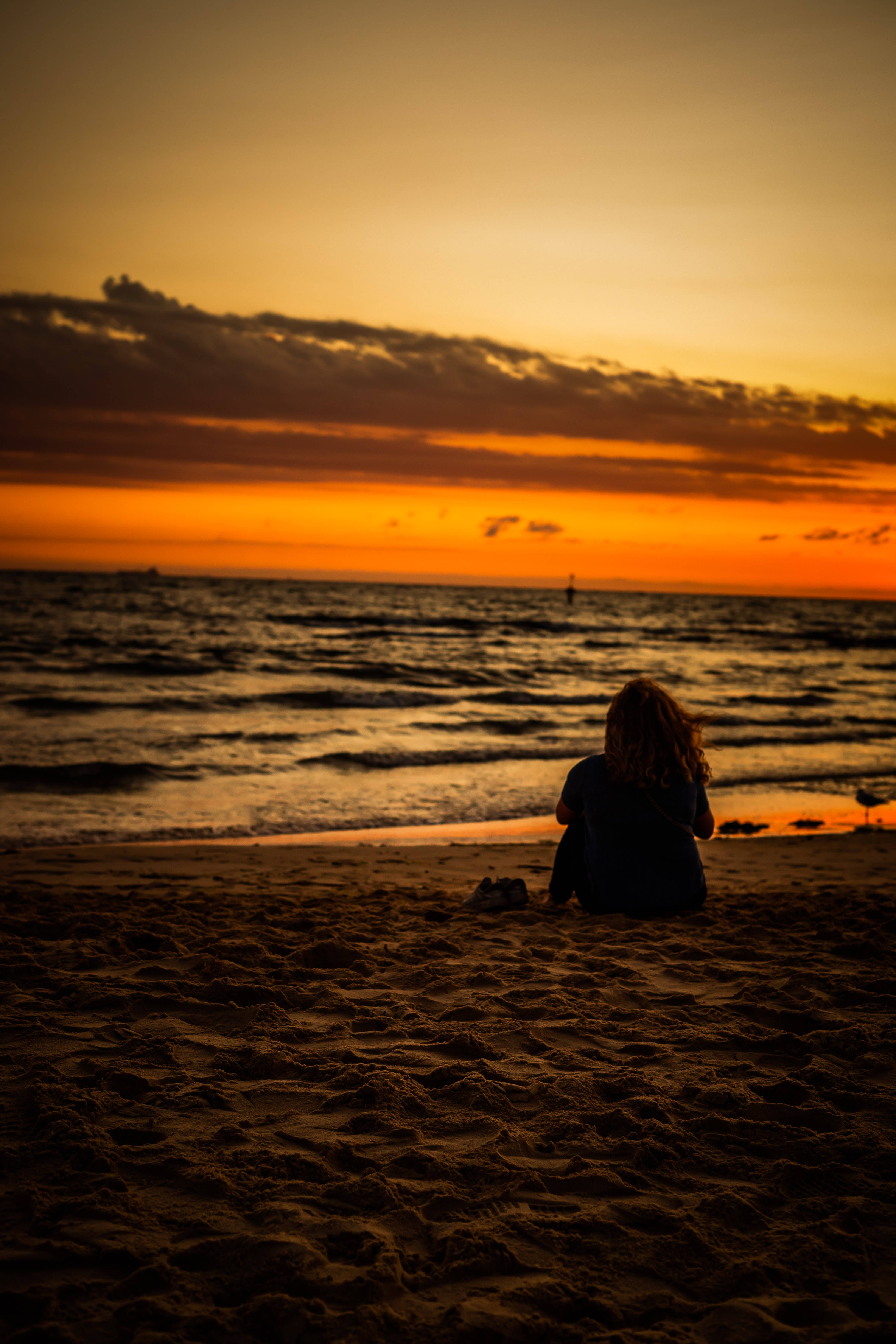 beach, sunset, fiery orange sky, 5K Phone Wallpaper