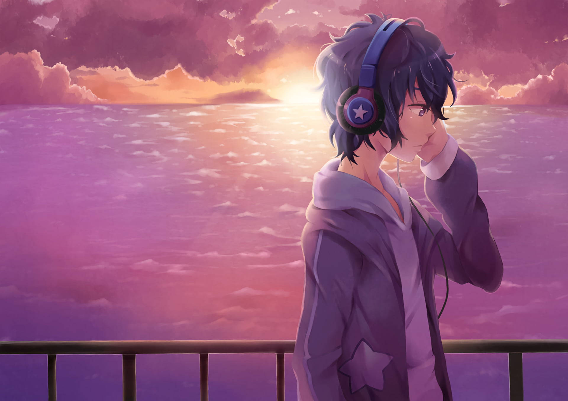 anime boy, headphones, vibrant purple sunset, Full HD Desktop Wallpaper