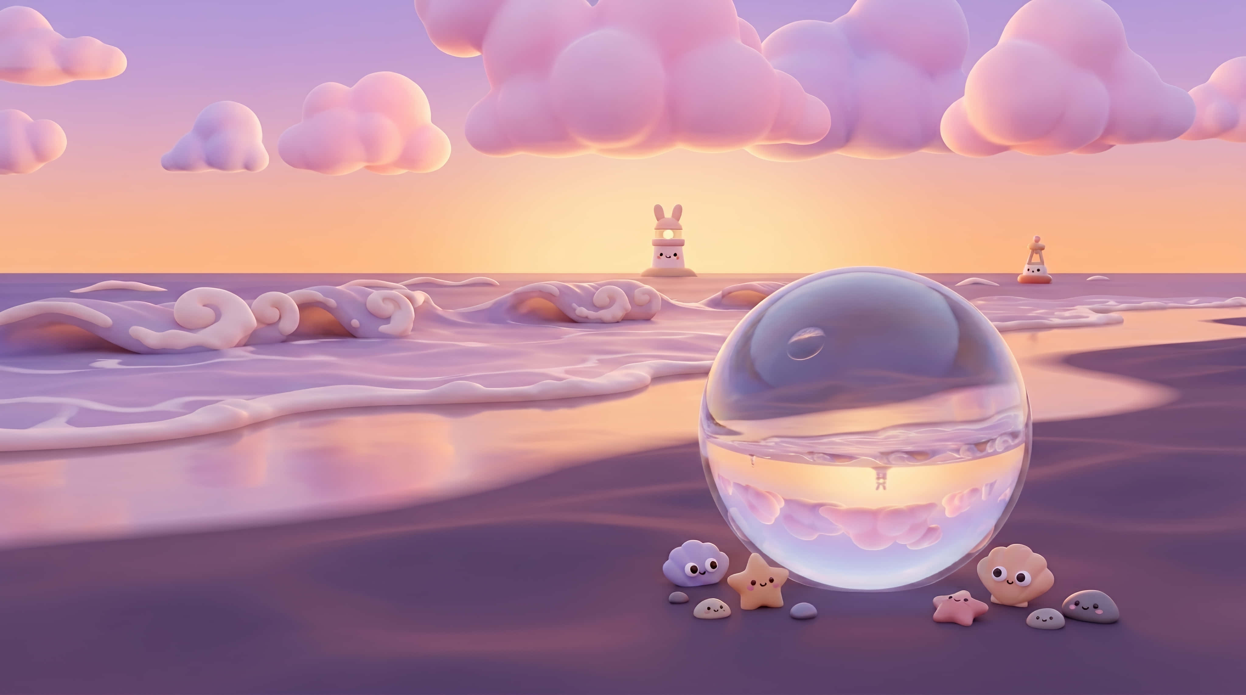 glass sphere, purple beach, pastel waves, 4K Desktop Wallpaper